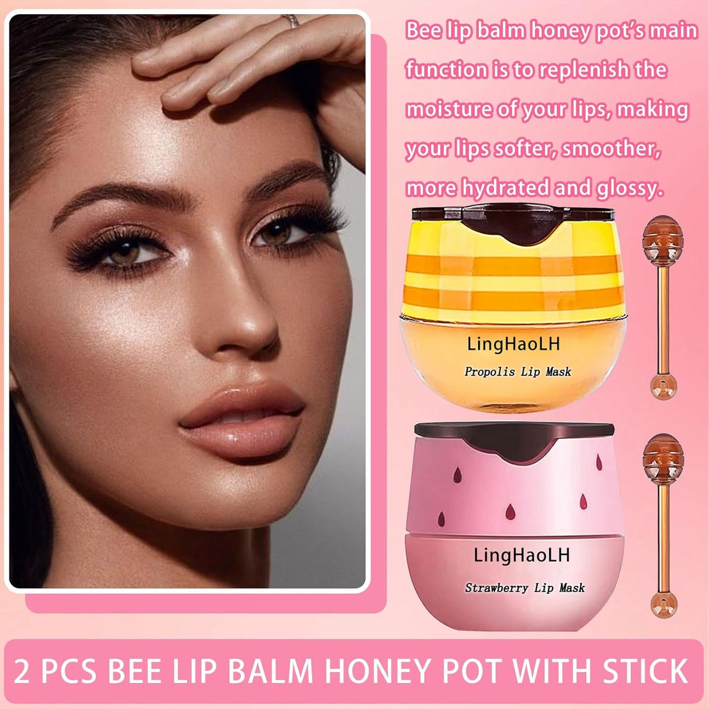2PCS Bee Lip Balm,Hydrating Honey Pot Lip Balm with Stick,Non-Greasy Silky Sleeping Lip Mask Set,Long Lasting Lip Scrubs Moisturizer for Dry Cracked Lips(Honey +Strawberry)
