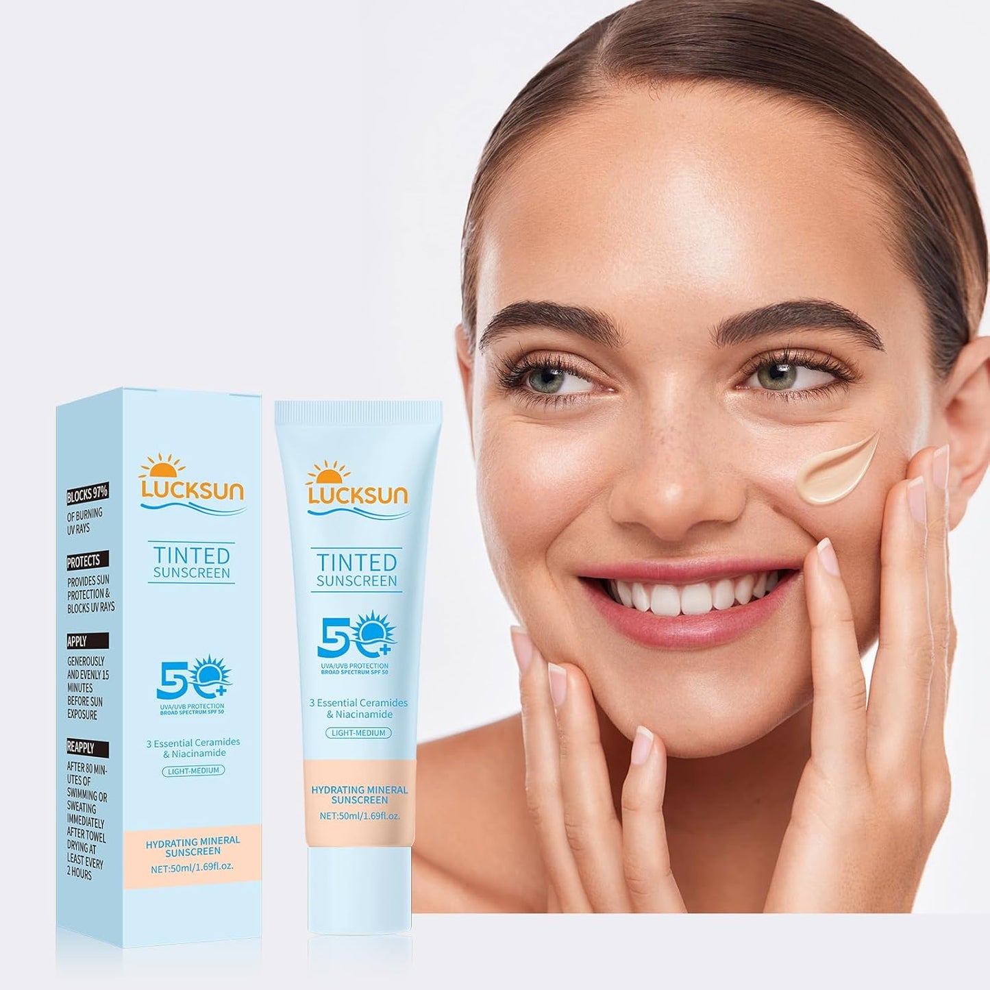 Tinted Sunscreen for Face SPF 50, 2 PCS Defense SPF 50 Face Sunscreen Lotion with Hyaluronic Acid, Sun Essence Faces Sunscreens, Hydrating, Moisturizing, UV Defense, Travel Size (Medium Color)