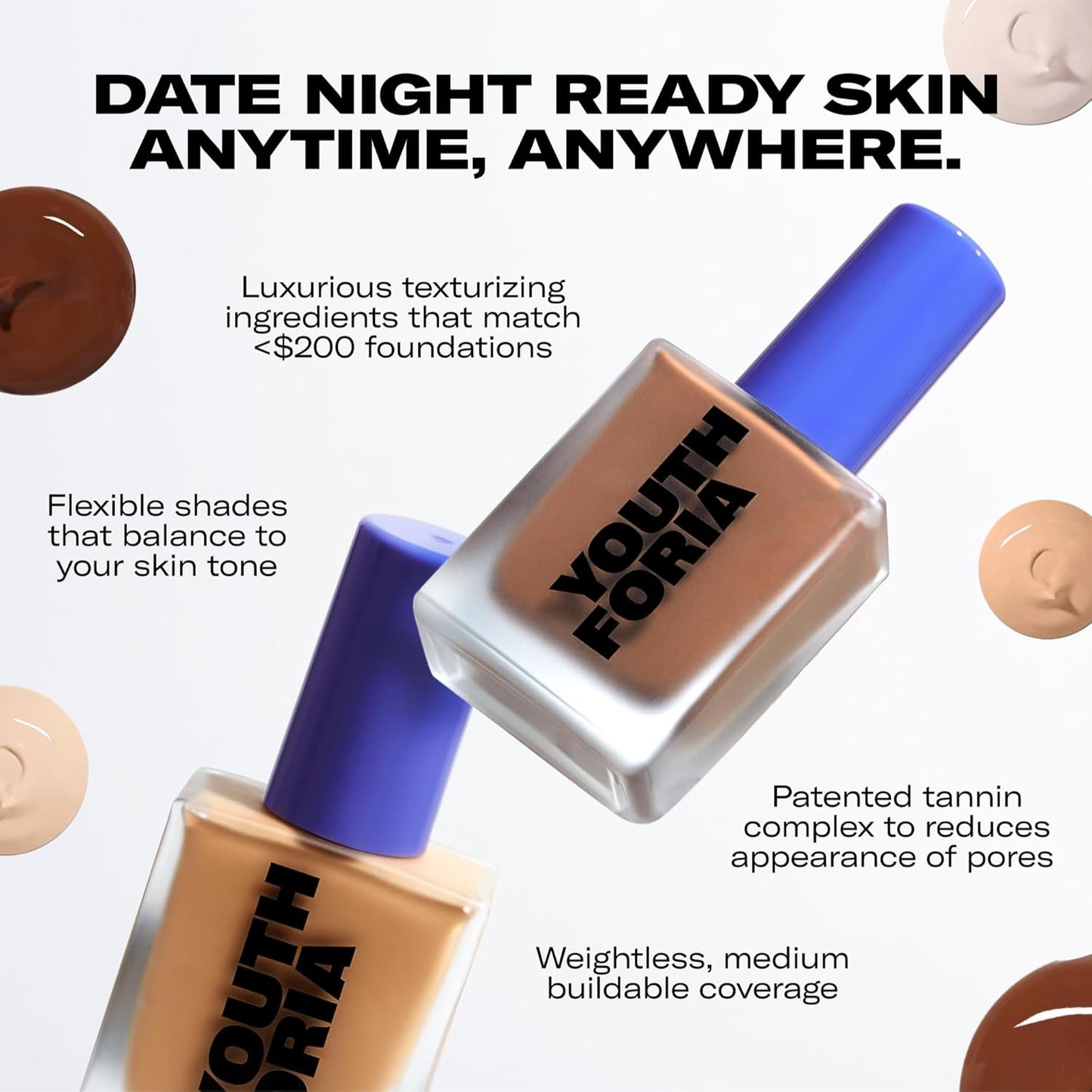 Youthforia Date Night Skin Tint Serum Foundation, Light-Medium Coverage, Hydrating Formula, Vegan & Cruelty-Free, 570 Deep - Neutral
