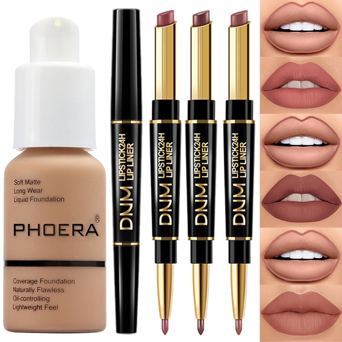 PHOERA Foundation Full Coverage,3Pcs Lip Liner and Lipstick Set Chestnut Nude Brown for Matte Finish, PHOERA Makeup Wrinkles Matte Natural Finish for a Flawless Complexion(105- Sand+Lip SetA)