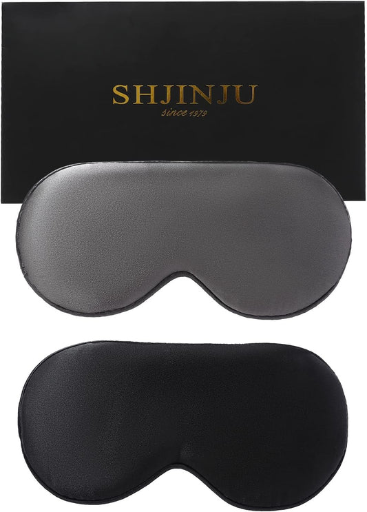 2-Pack 100% Real Natural Silk Eye Mask, Silk Sleeping Mask, Shade Puffy Eye Gift with Adjustable Straps, Sleep Eye Mask, SHJINJU Eye Mask Shade (Black and Dark Grey)