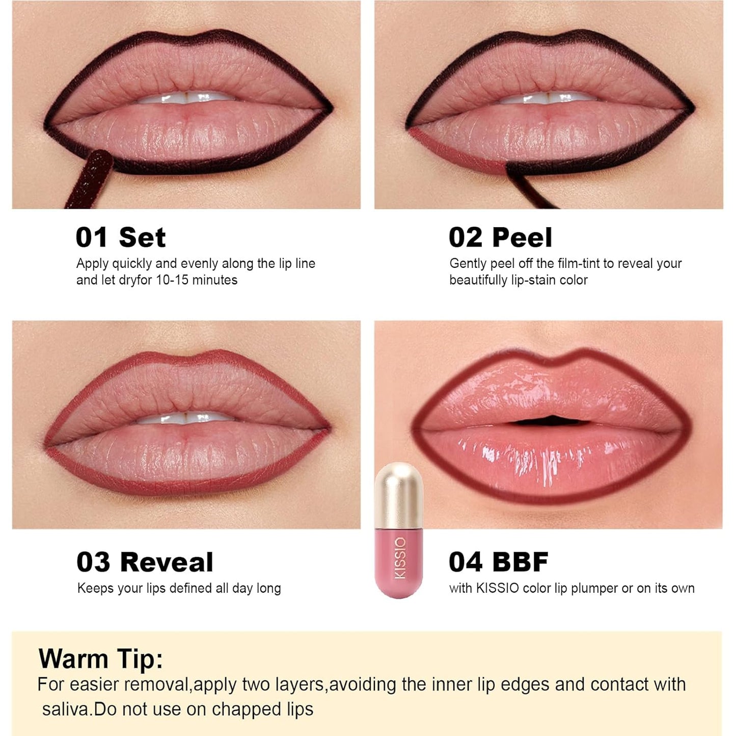 KISSIO Lip Liner Stain,Peel Off Lip Liner,Transfer Proof,Long Lasting and Waterproof,Lips Tint Tattoo,Natural Makeup Stain,Matte Finish,Berry