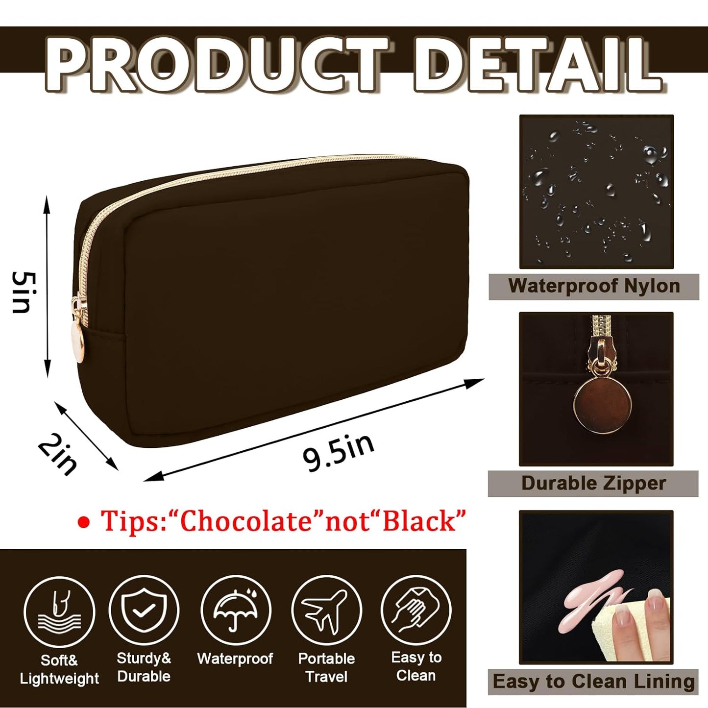 Small Makeup Pouch for Purse, Nylon Travel Toiletry Storage Pouch Cute Preppy Cosmetic Bag for Women Girls, Waterproof Makeup Organizer Skincare Bag Purse with Zipper (Small-Chocolate)