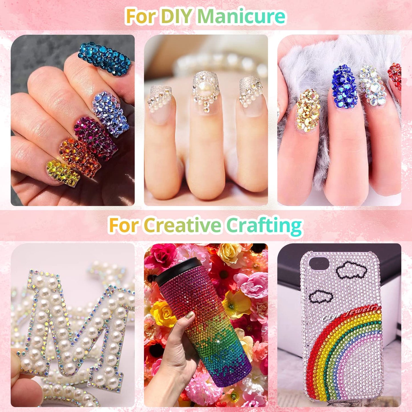 Colorful Flatback Face Gems and Beige Pearls for Makeup with Quick Dry Glue, Half Round Pearls Nail Art Rhinestones Glass Crystal Beads for Make-up Deco with Pickup Pencil + Tweezer