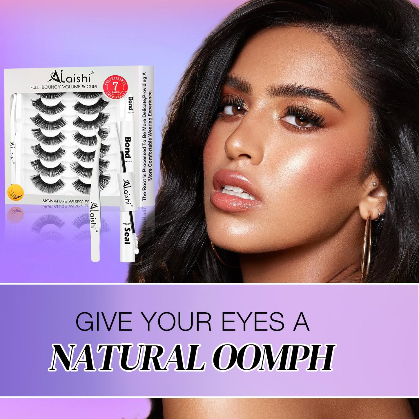 Fluffy False Eyelashes Kit With Bond, Seal and Tweezer, 7 Pairs Natural Look Fake Cat Eye Lashes Strips Thin Band Extensions Waterproof Easy Eyelashes for Beginners DF100