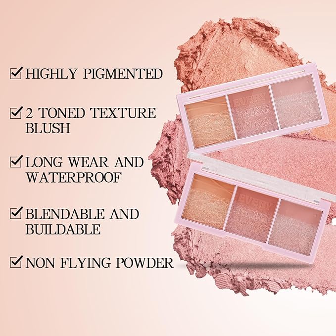 3 Colors Blush Palette,Blush Powder for Cheeks Makeup,Glitter Blusher with Brush,Long Wear,Highly Pigmented