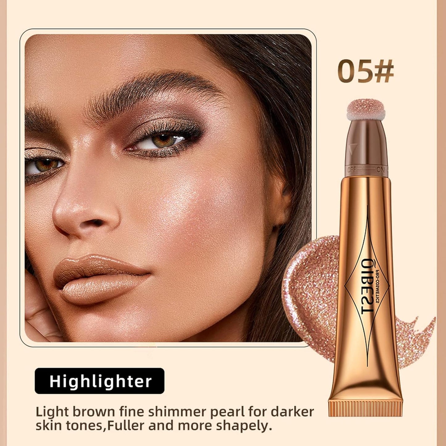 Highlighter Beauty Wand, Cream Liquid Highlighter Makeup Stick, Silky Smooth Face Shimmer Bronzer Stick with Cushion Applicator, Lightweight Body Face Glowing Highlighter, Cruelty-free(Rose Gold)