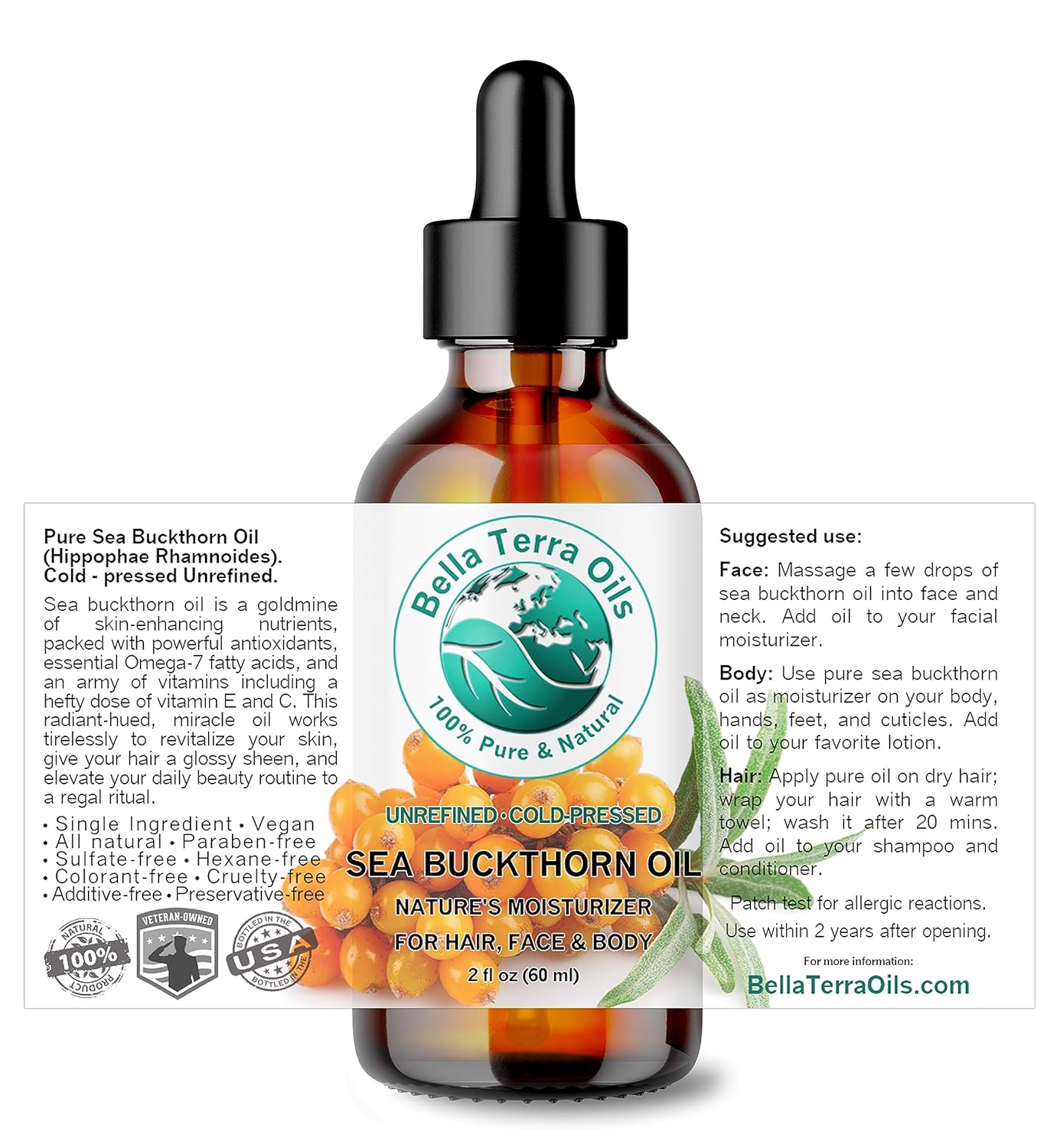 Bella Terra Oils - Organic Sea Buckthorn Oil 2 oz - Dive into Rich Essence of Organic Sea Buckthorn Berry, Packed with Vitamin C, E, & A, Omega-Fatty Acids Delight for Face