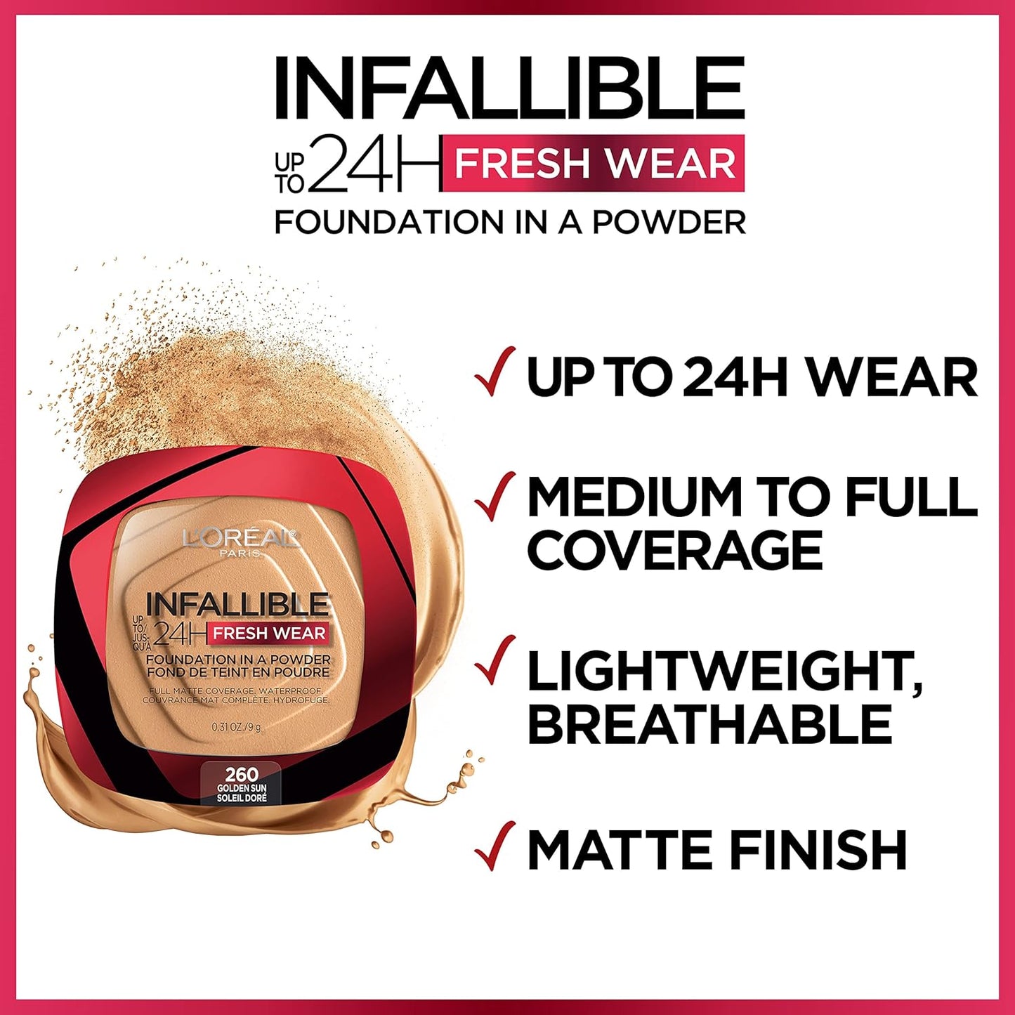 L'Oreal Paris Makeup Infallible Fresh Wear Foundation in a Powder, Up to 24H Wear, Waterproof, Sand, 0.31 oz.
