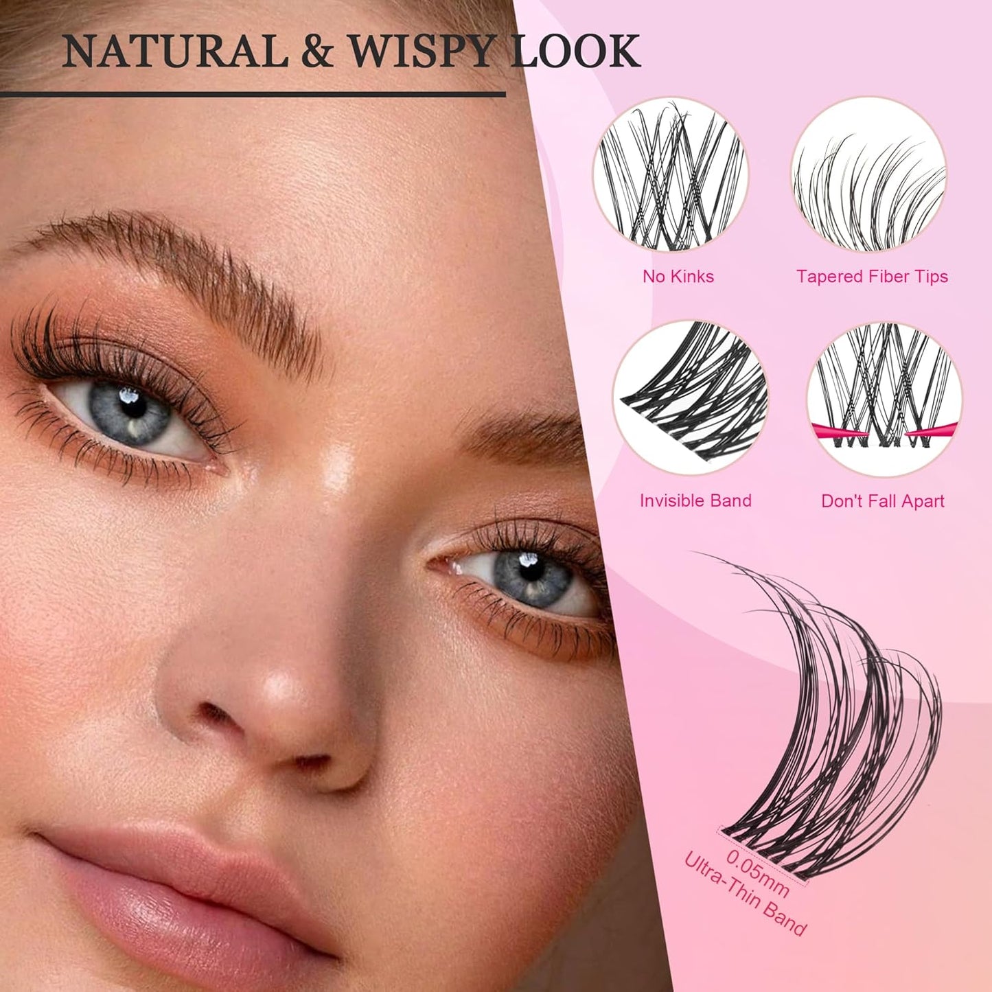 Nova Lash Clusters Kit - 360 pcs Lash Clusters Natural Look Invisible Band Eyelash Clusters Lash Extension Kit with Bond and Seal 0.07D D Curl WideSpan Cluster Eyelash Extension Kit 8-16mm DIY at Home