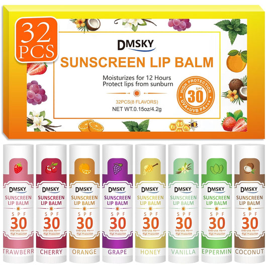 Dmsky 32 Pack Lip Balm Bulk,SPF 30 Lip Balm with Sunscreen,Hydrating Lip Balm Pack with Vitamin E and Coconut Oil- 8 Flavors, B-32 Count