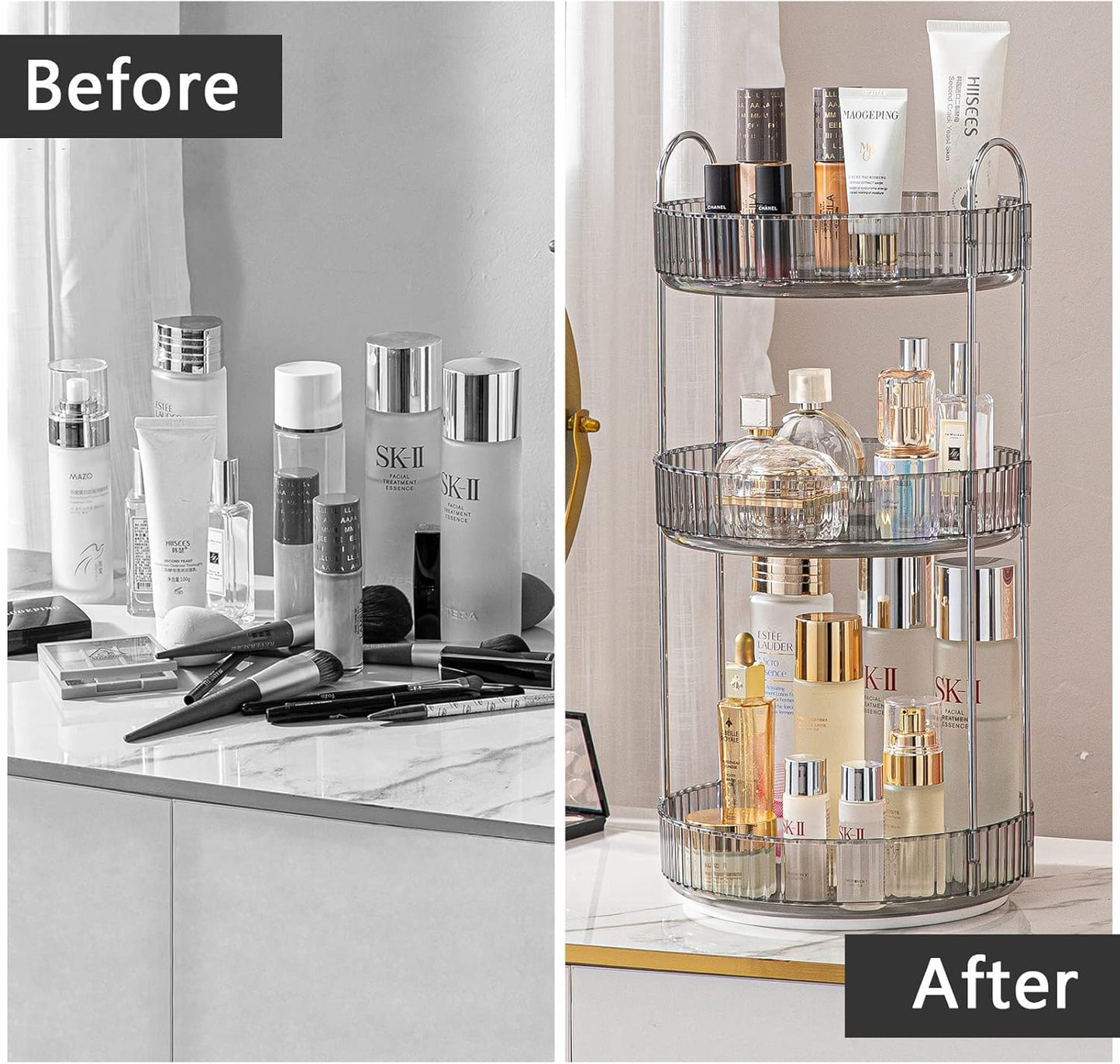 Rotating Makeup Organizer for Vanity, High-Capacity Skincare Clear Make Up Storage Perfume Organizers Cosmetic Dresser Organizer Countertop 360 Spinning (Gray, 3 Tier)