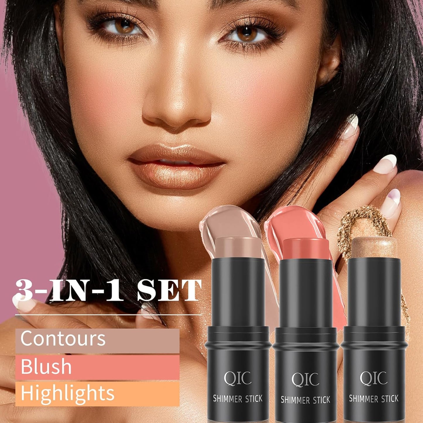 3 Pcs Contour Highlighter Stick Cream Blush for Cheeks Eyes Lips Lightweight Dewy Finish Bronzer Waterproof Long Lasting Contour Stick Trio Wand Face Makeup Set(Send brushes)