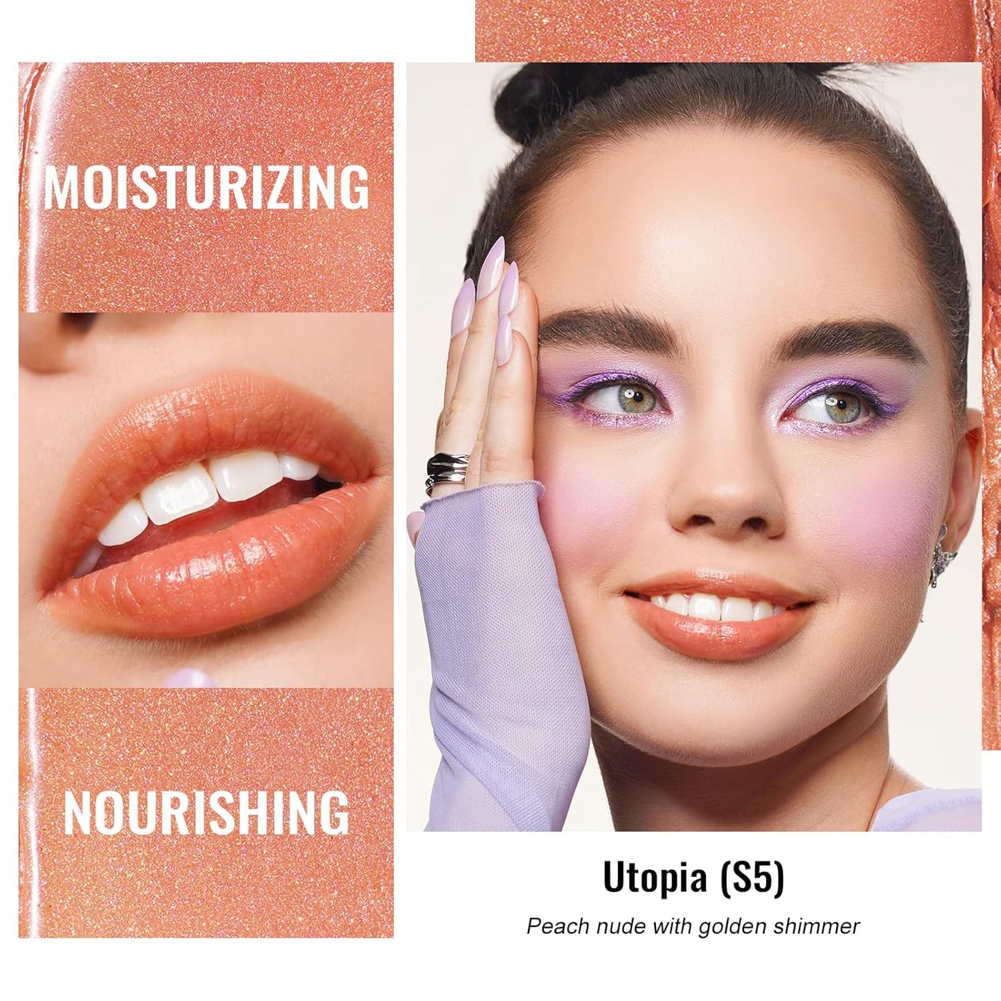 Oulac Moisture Peach Nude Lipstick - 2 in 1 Shimmer Lipstick & Lip Balm, Shimmer Soild Lip Gloss, Lightweight Smooth, Natural Look Best for Dry, Cracked and Chapped Lips, Vegan 2.2g/0.07oz (S05)