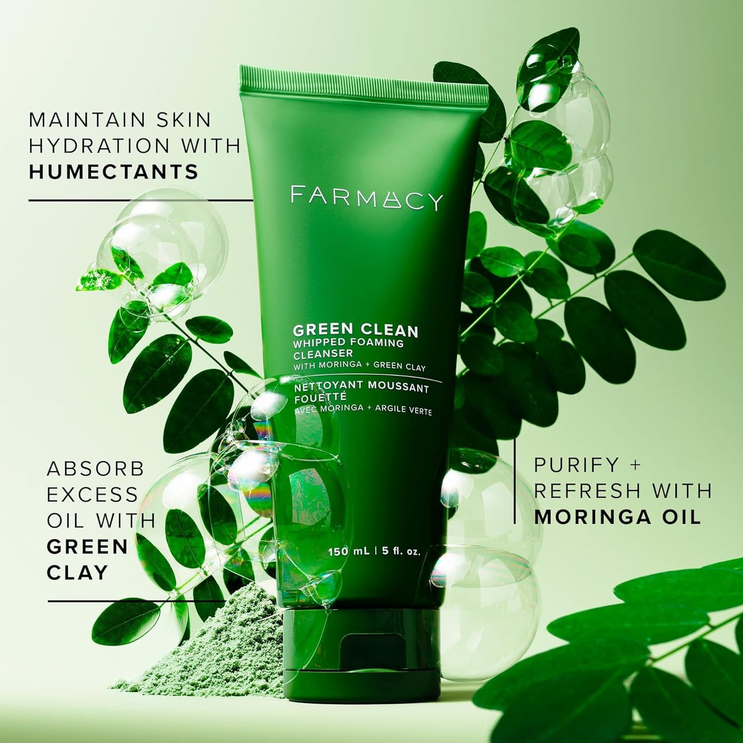Farmacy Foaming Face Wash for Oily Skin - Whipped Greens Oil-Free Gentle Facial Cleanser & Exfoliator - Infused with Green Clay to Remove Impurities, Control Oil & Maintain Skin Hydration (50ml)