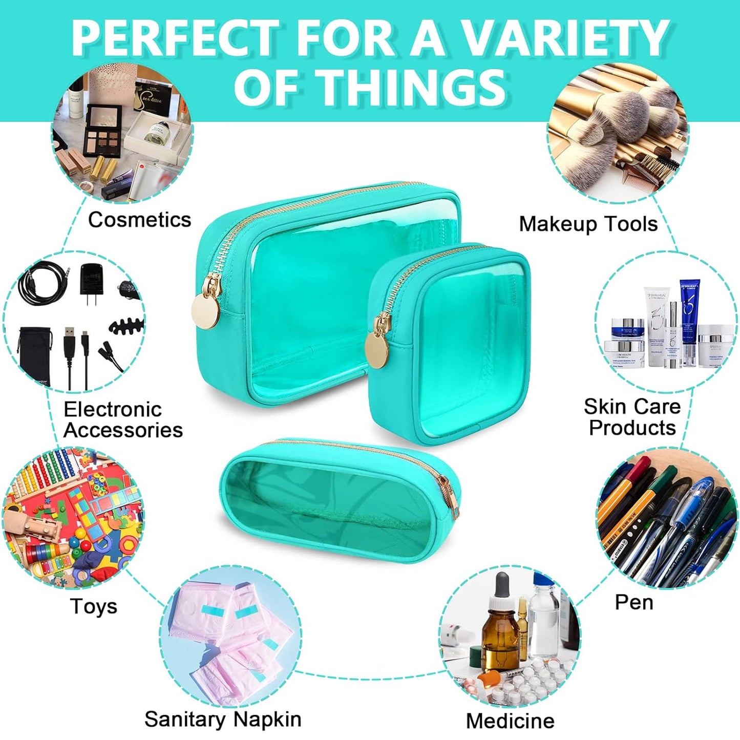 Clear Mini Makeup Bag for Purse, Small Nylon&PVC Cosmetic Travel Bag TSA Approved Toiletry Bag with Zipper, Preppy Transparent Makeup Travel Bag Coin Purse for Women Men Girls(Mini-Mint Green)