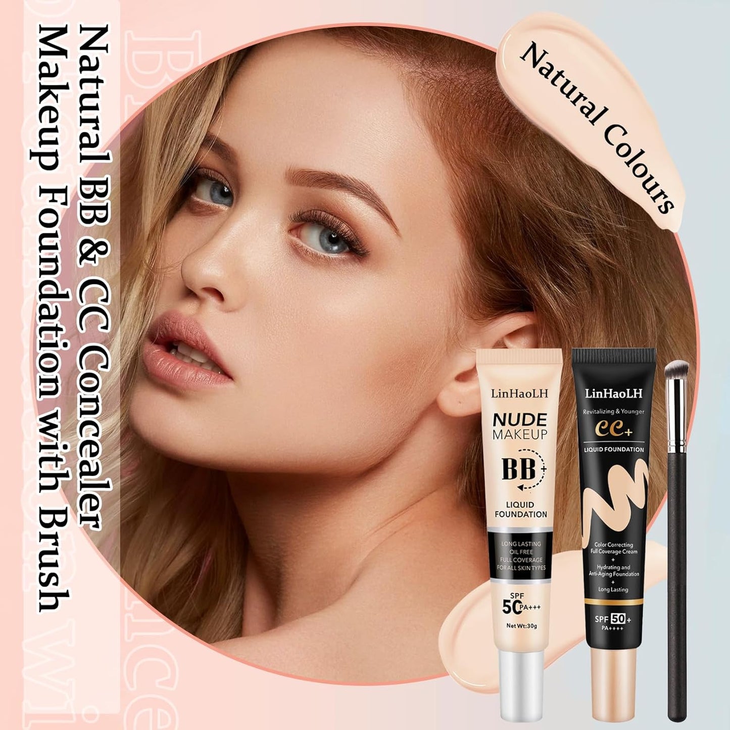 Full Coverage Concealer Foundation,Oil Control Long Lasting Lightweight BB Cream Tinted Face Moisturizer with SPF 50+ PA+++,Moisturizing CC Cream Liquid Foundation Makeup Brush Set(2 Pack)