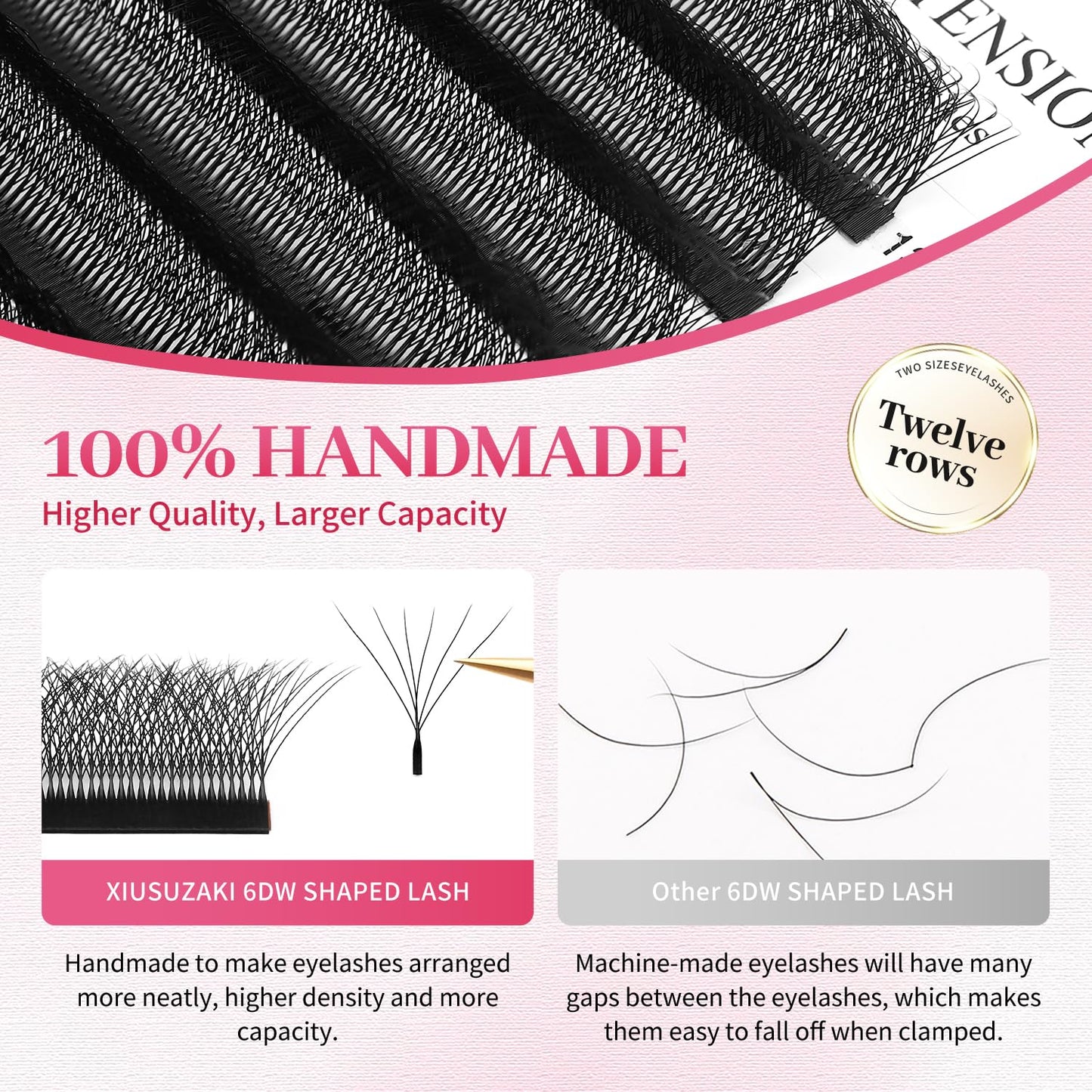 W Lash Extensions Supplies 6D Eyelash Extensions W Shape 0.07mm Thickness D Curl 12mm Premade Fans Easy Fan Lashes Volume Matte Black 12 Rows Crisscross Eye Lashes(W-6D-0.07-D,12mm)