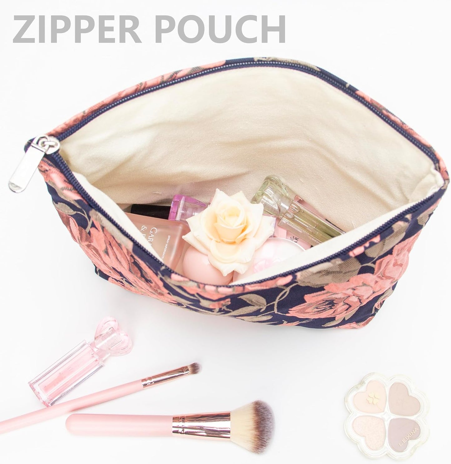 PAZIMIIK Makeup Bag Large Cotton Zipper Pouch for Purse Travel Canvas Make Up Organizer for Women Cosmetic,Rose Black Blue