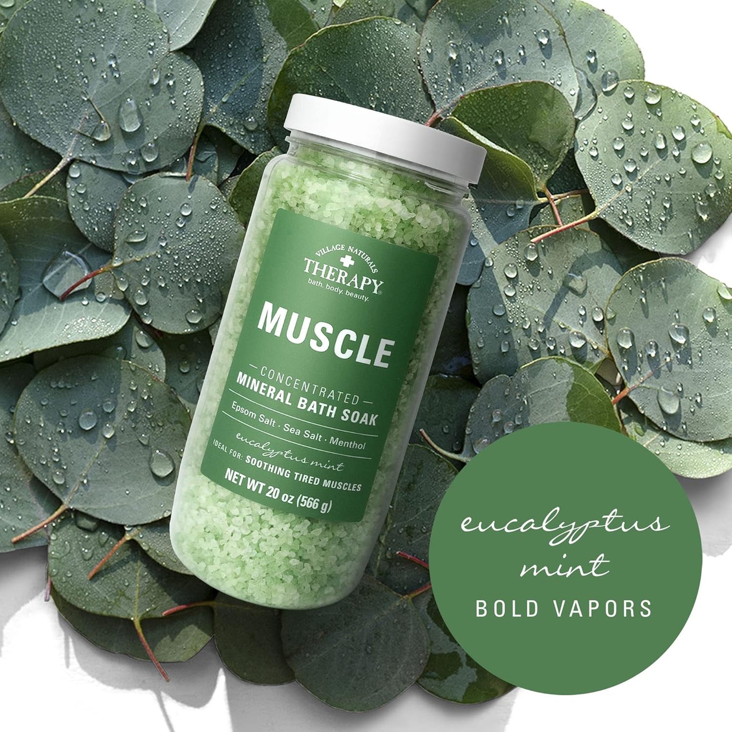 Village Naturals Therapy, Muscle Concentrated Mineral Bath Soak, Eucalyptus Mint Scent, 20 oz, Pack of 4