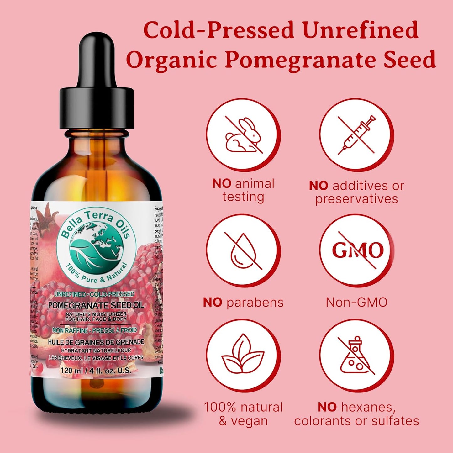 Bella Terra Oils - Organic Pomegranate Seed Oil 8 oz - Rich in Nutrients for Skin Hydration, Cold-Pressed from Organic Pomegranate Kernels