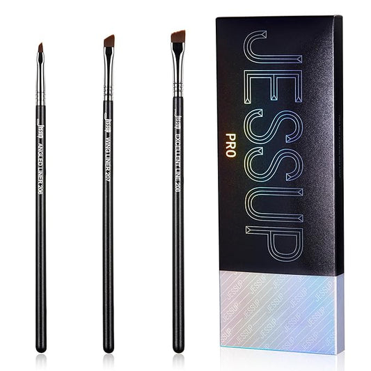 Jessup Angled Eyeliner Brush Set,3pcs Pro Precision Eye Liner Brush Fine Winged Ultra Thin Slanted Gel Liquid EyeLiner Makeup Brushes, Black T345