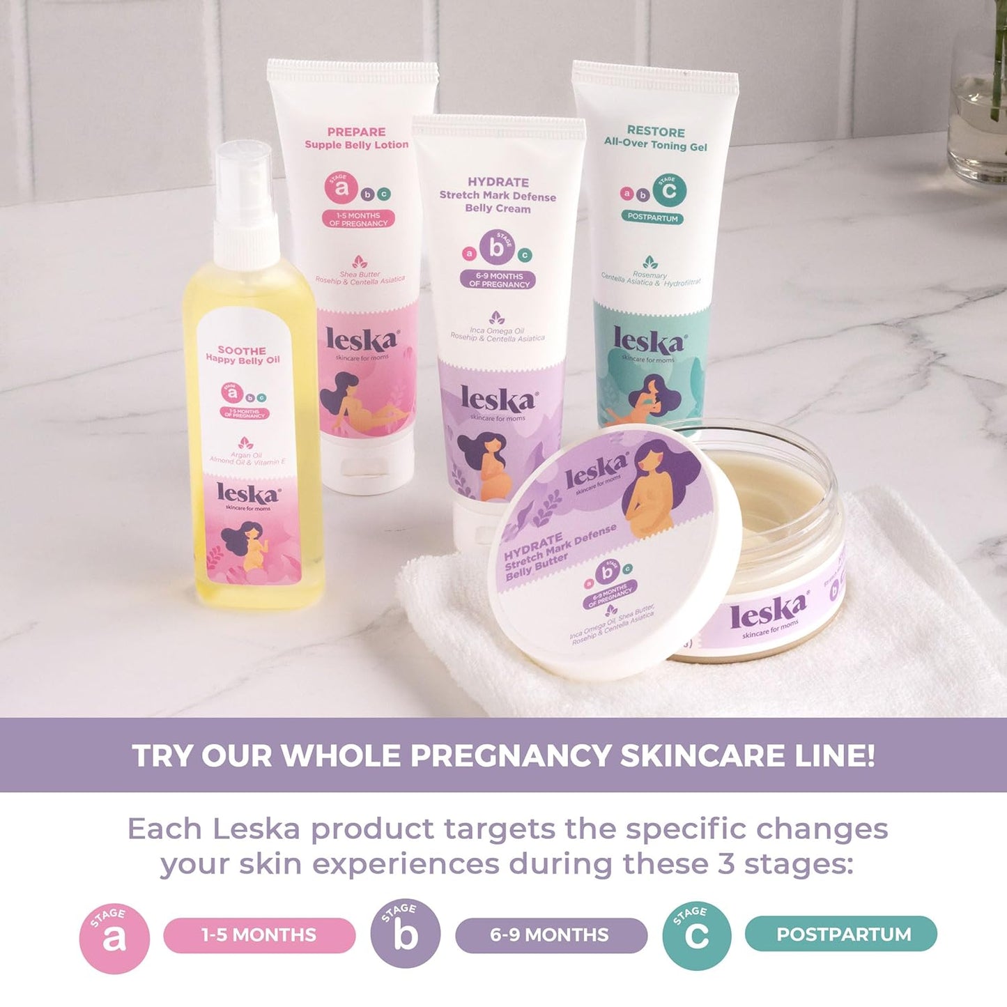 Leska Maternity Set | Belly Lotion, Belly Oil, Stretch Mark Defense Cream & Belly Butter, Toning Gel | Maternity Stages Skin Care for Pregnancy & Postpartum |New Mom Gifts (Set of 5, 4-4.93oz each)