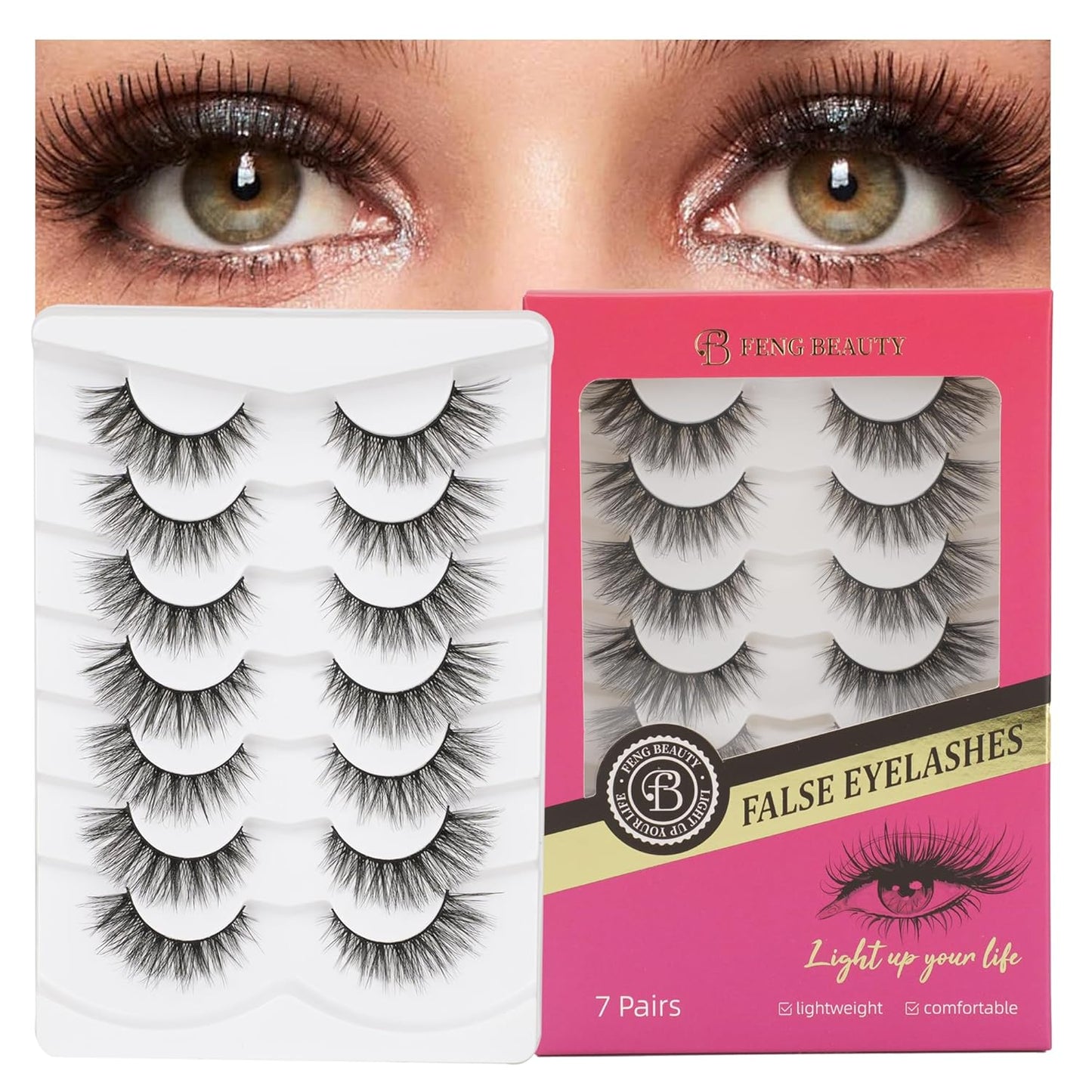 Fluffy Wispy Eyelashes 7 Pairs Natural Look Faux Mink Strip lashes, Lightweight D Curl Cat Eye Fake Lashes for Daily Wear, Reusable Eye Makeup Set