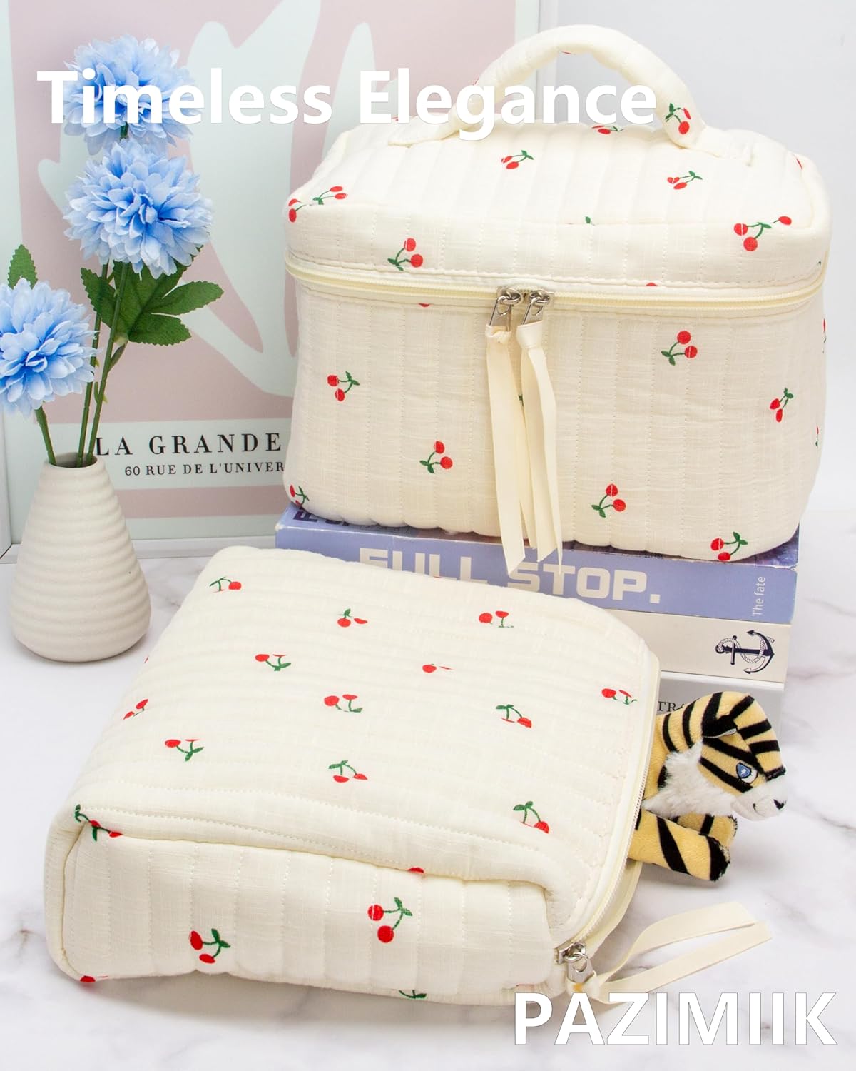 PAZIMIIK Quilted Makeup Bag Large Travel Zipper Soft Cosmetic Pouch for Women Girls Make Up,Cherry Beige