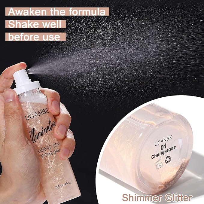 UCANBE Shimmer Dewy Setting Spray – Glowing + Makeup Setting Spray 2 in 1 Lightweight Formula for a Radiant Glow,Long-Lasting Face Mist for Face Body, 4 Fl Oz #Silver