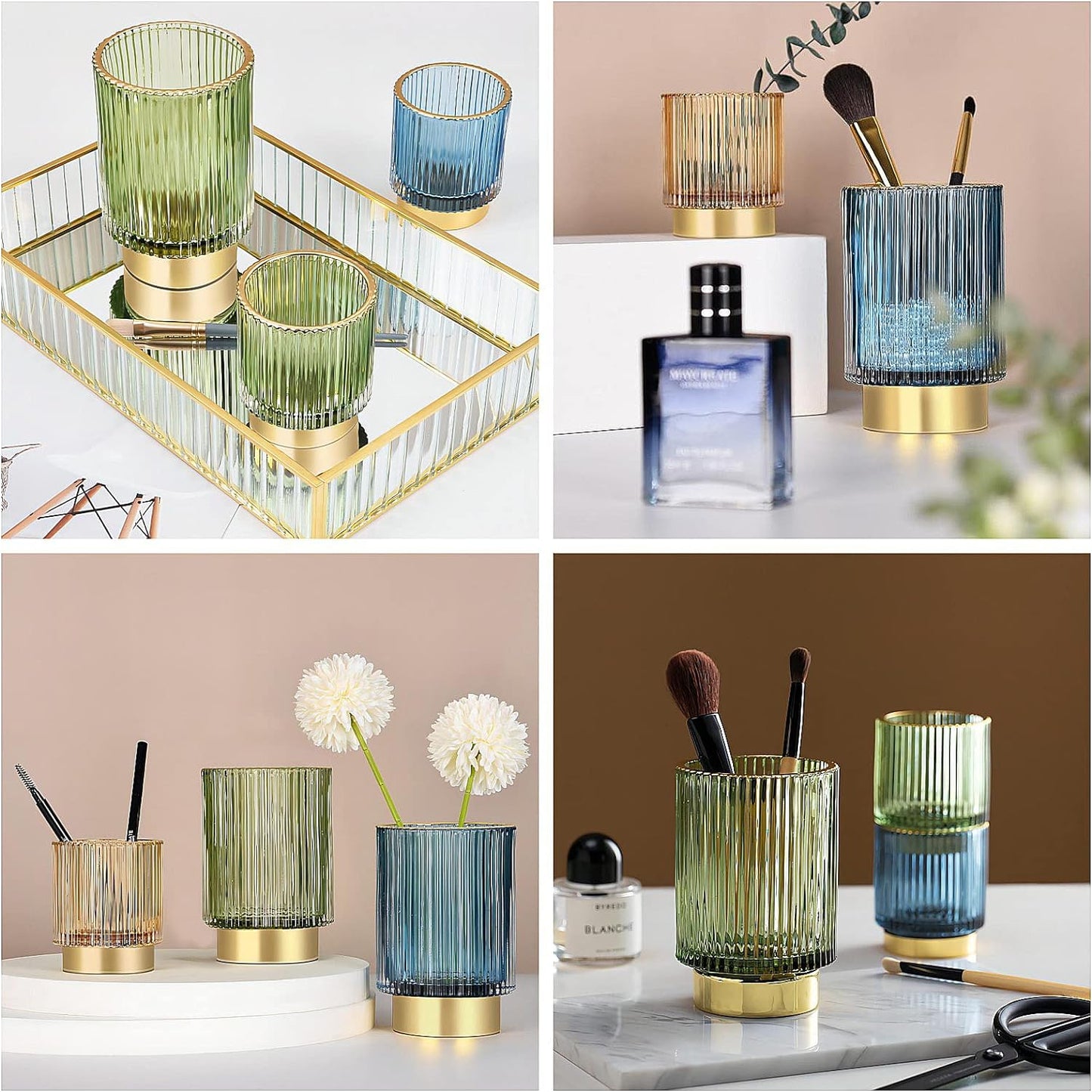 DASITON Makeup Brush holder Organizer,Crystal Cosmetic Makeup Brush Glass Brushes Storage Holder, Vintage Make Up Brush Cup Pen Pencil Holder striped vase(Coffee S+L)
