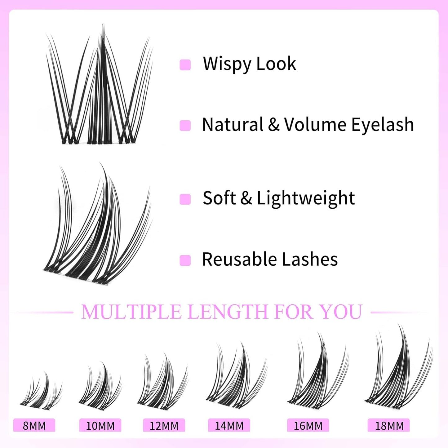 VEYESBEAUTY Lash Clusters Kit Eyelash Extensions Thin & Invisible Band DIY Individual False Eyelashes Newbie's Five-Second Series Wispy Lash Tray for Self-application, Manga Lash 8-18mm Mixed Length