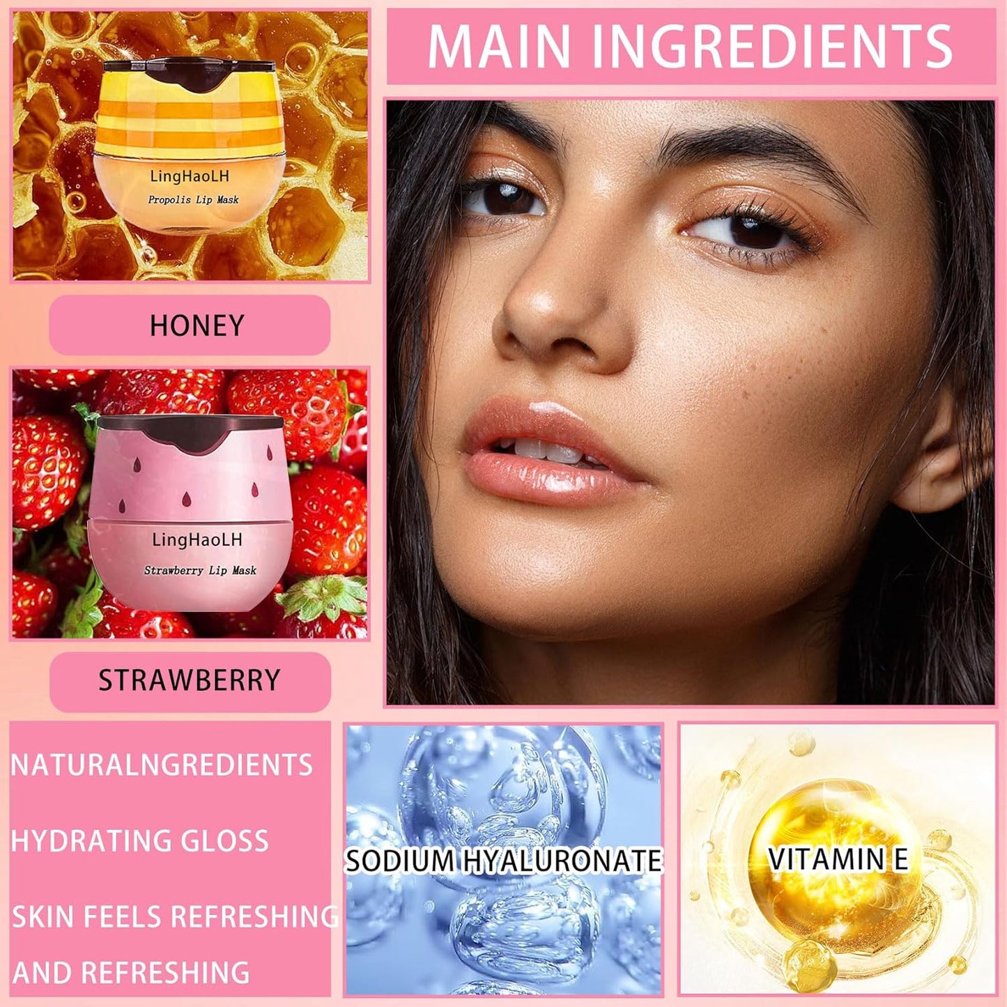 2PCS Bee Lip Balm,Hydrating Honey Pot Lip Balm with Stick,Non-Greasy Silky Sleeping Lip Mask Set,Long Lasting Lip Scrubs Moisturizer for Dry Cracked Lips(Honey +Strawberry)