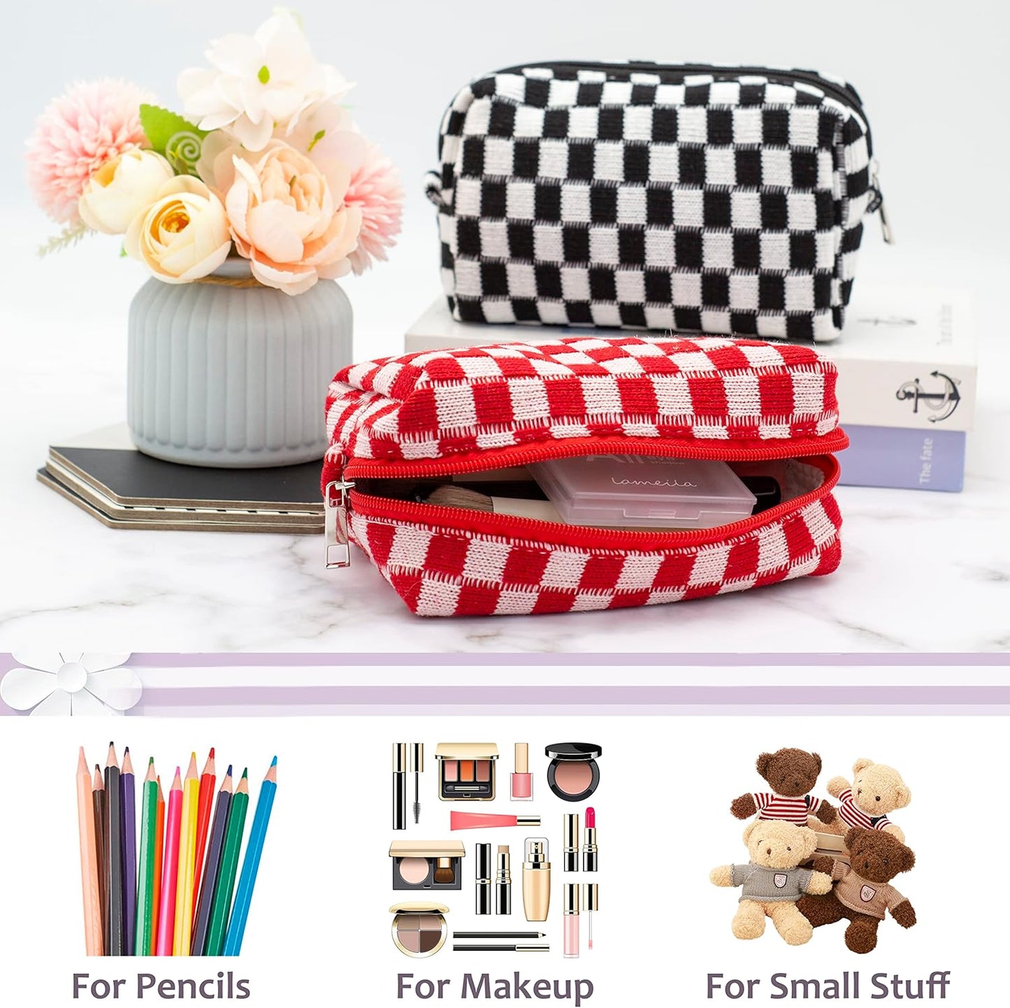 PAZIMIIK Checkered Makeup Bag for Purse Portable Zipper Make Up Pouch Small Cosmetic Case for Travel Accessories (Red)