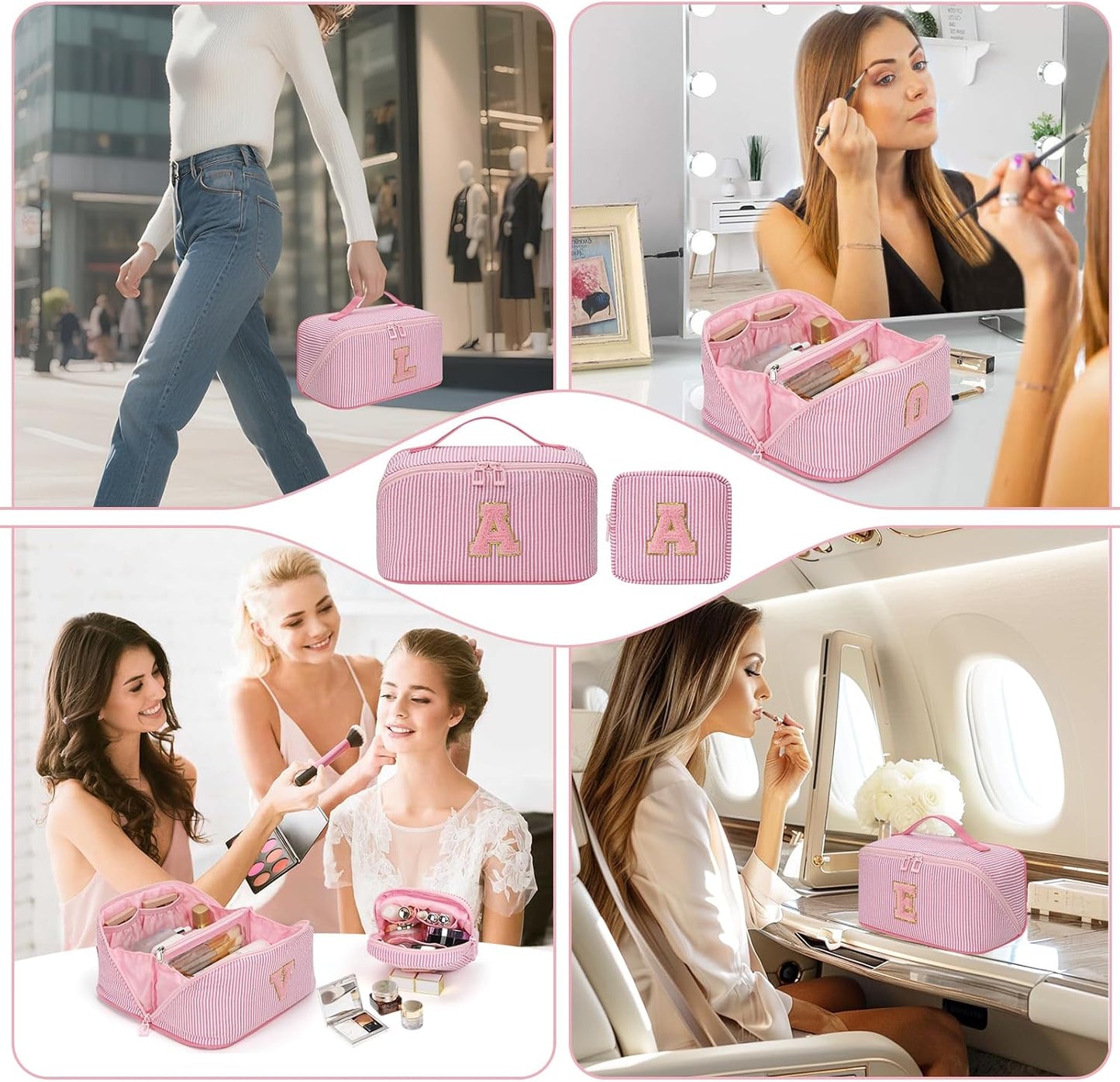 Travel Makeup Bag for Women, 2Pcs Portable Personalized Initial Makeup Organizer Bag, Open Flat Large Cosmetic Bag With Travel Essential Pouch (Pink Letter V)
