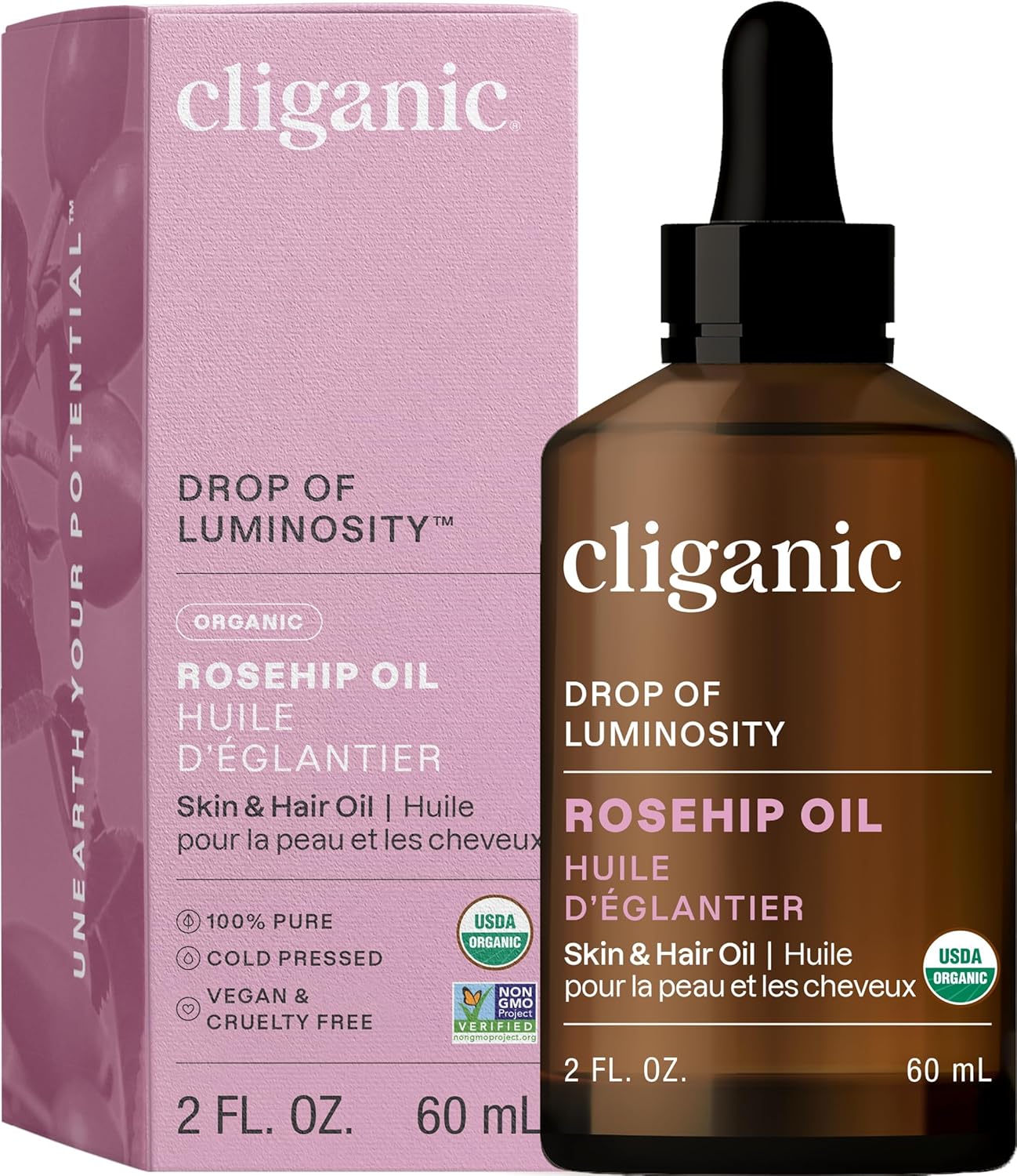 Cliganic Organic Rosehip Seed Oil for Face, 100% Pure | Natural Cold Pressed Unrefined Non-GMO | Carrier Oil for Skin, Hair & Nails (Packaging May Vary)