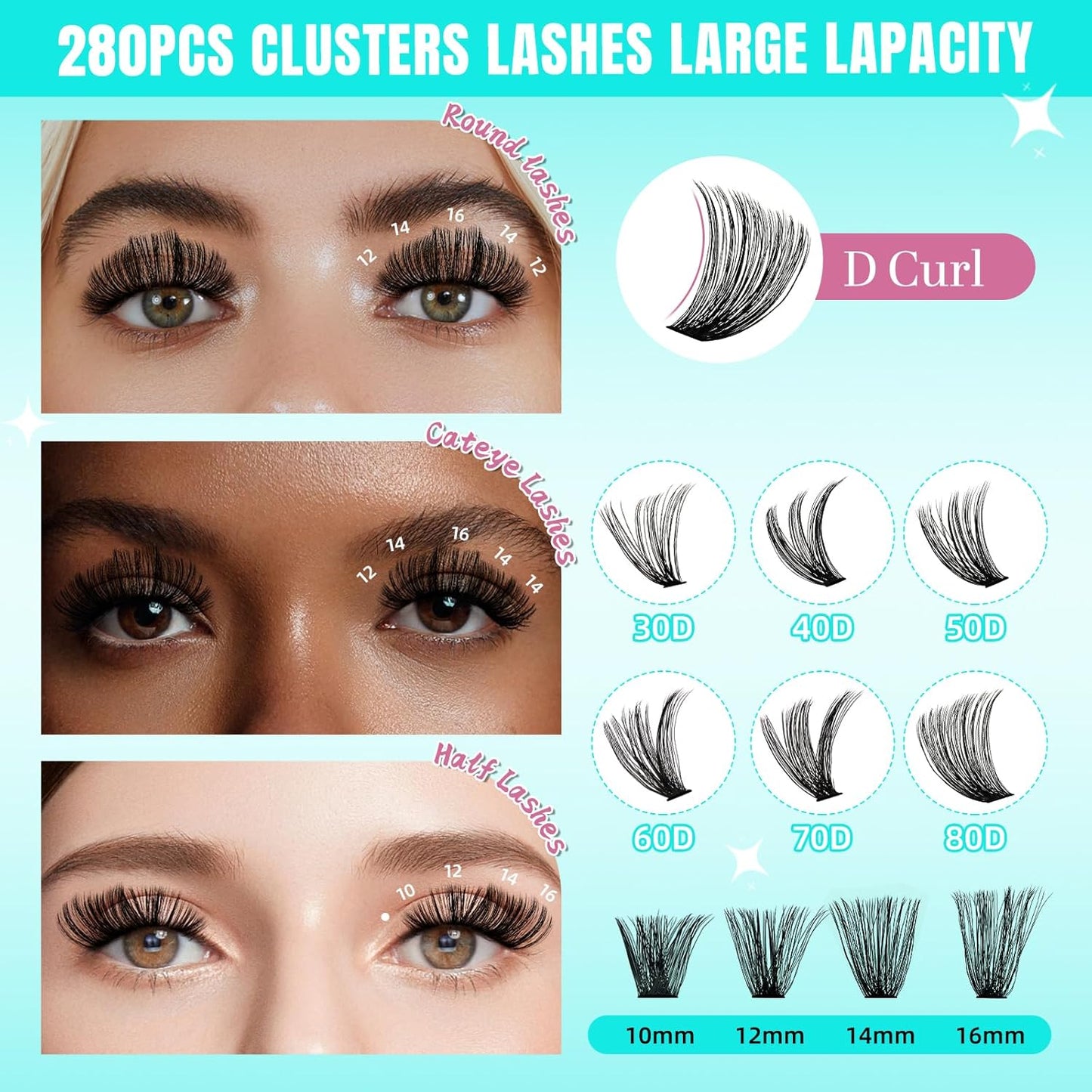 Lash Clusters Wispy 280PCS Eyelash Extension 80D Cluster Lashes Individual Lashes DIY Lash Extension Natural Look Cluster Eyelash Extensions Soft False Eyelashes at Home for Beginners(12mm)