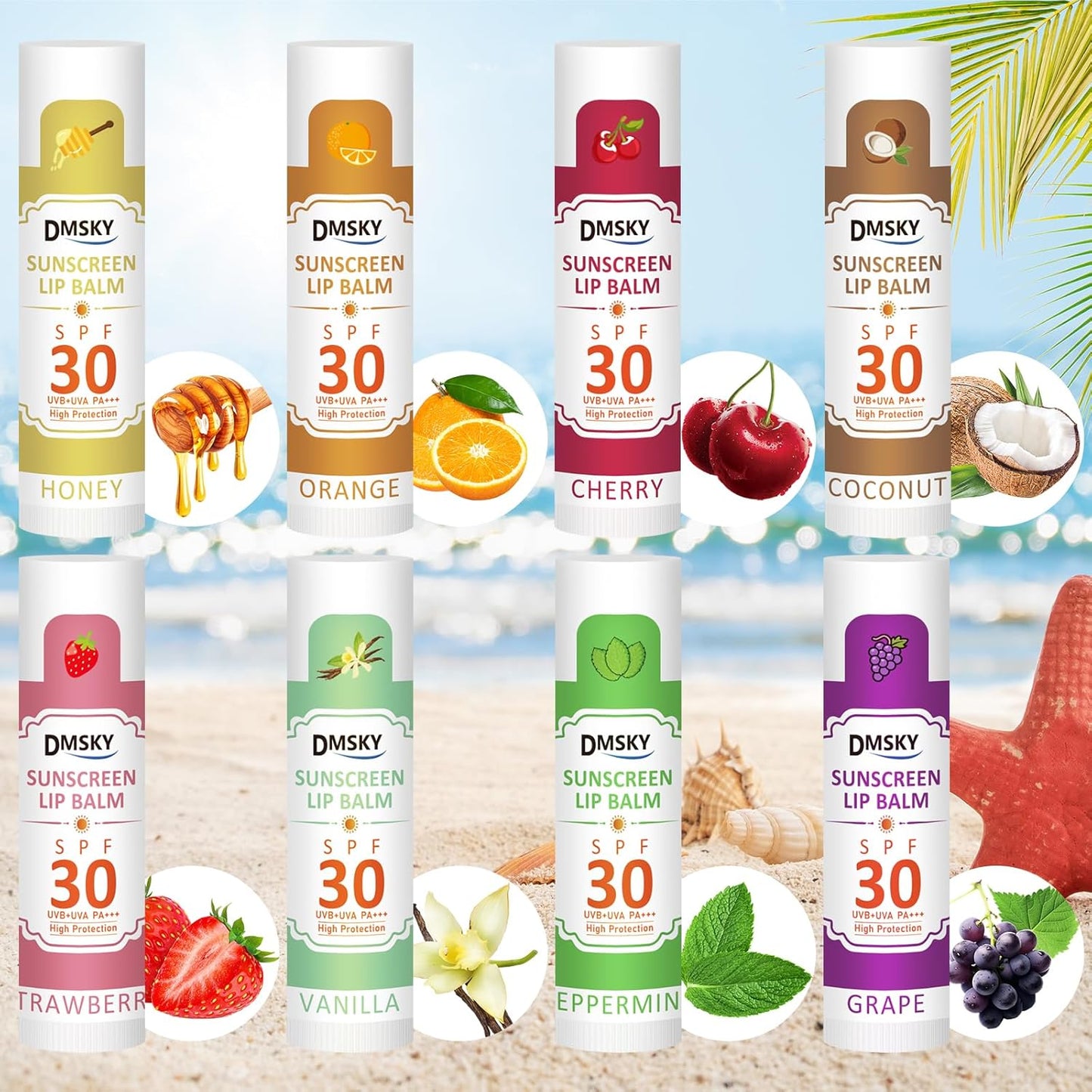 Dmsky 32 Pack Lip Balm Bulk,SPF 30 Lip Balm with Sunscreen,Hydrating Lip Balm Pack with Vitamin E and Coconut Oil- 8 Flavors, B-32 Count