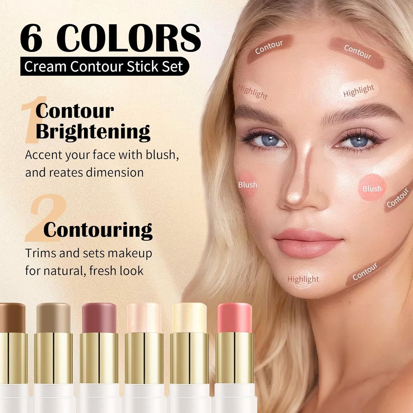 6 Colors Cream Contour Stick Set,Double-ended Cream Bronzer Stick,Highlighter Stick,Blush Stick,Professional Highlighter Makeup Contour Kit,Easy to Sculp Contorno Maquillaje(Set A)