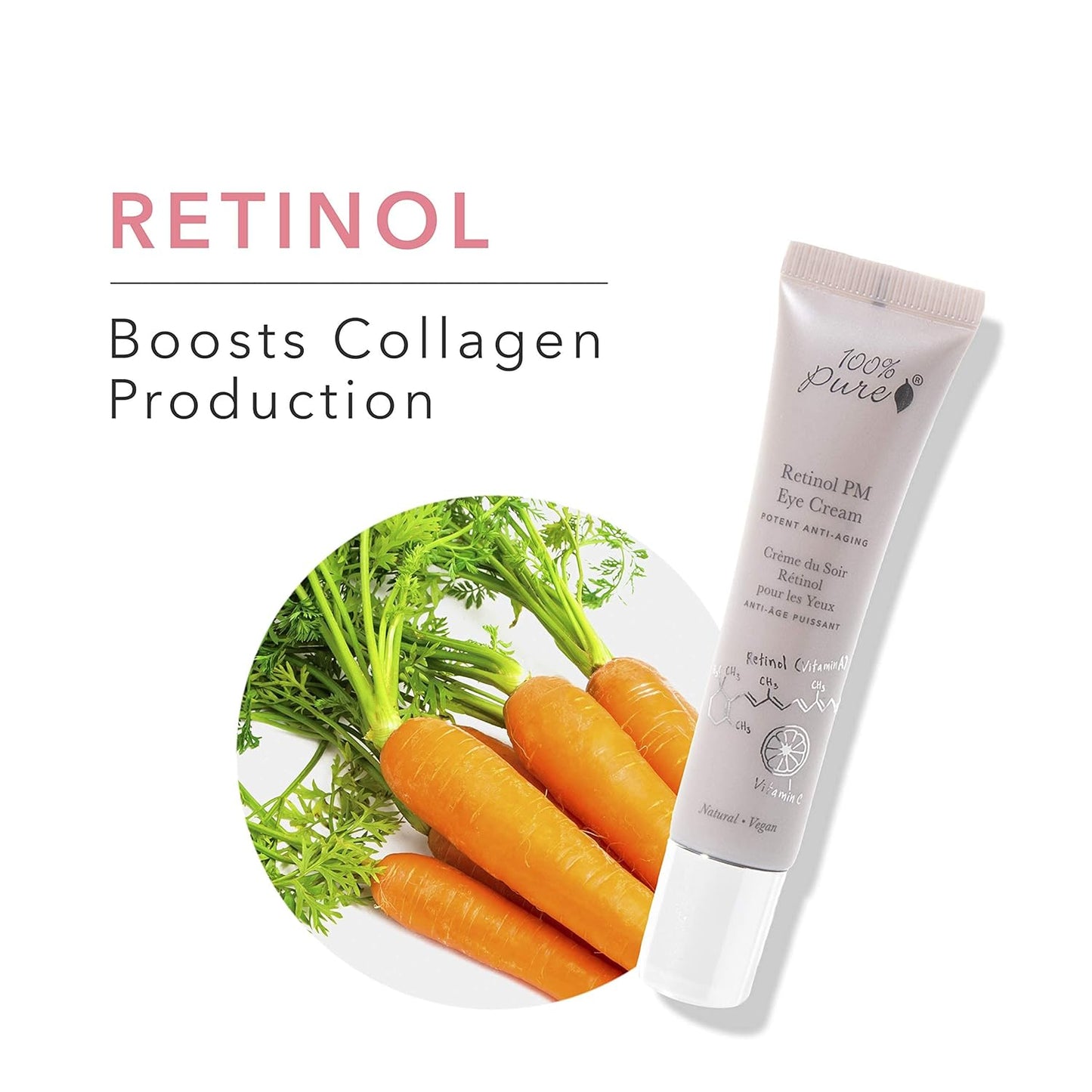 100% PURE Retinol Eye PM Cream, Anti-Aging Eye Cream for Wrinkles, Pure Retinol Cream, Wrinkle Cream Promotes Collagen (0.5 oz)