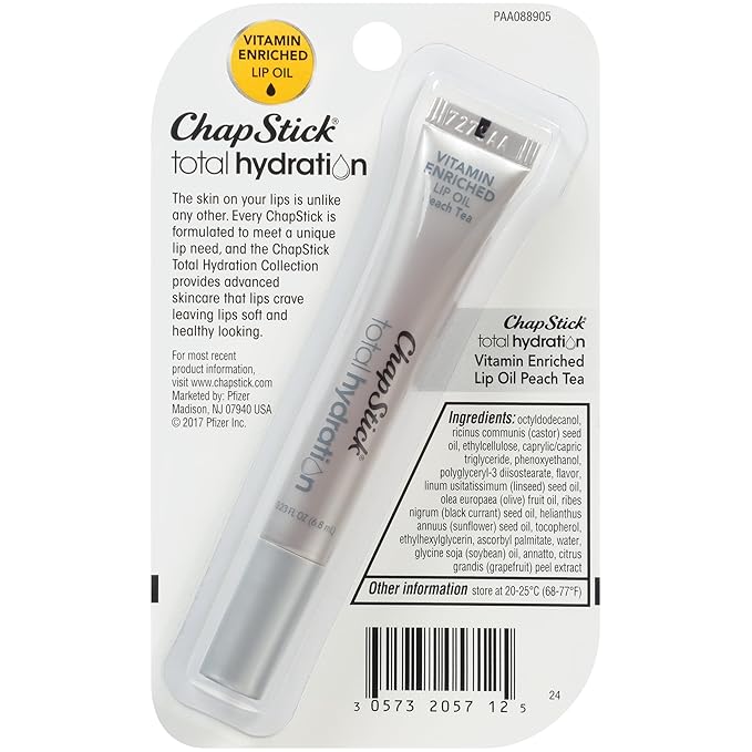 Chapstick Total Hydration Vitamin Enriched Lip Oil, Non Tinted, Vitamin c, vitamin E, Contains Omega 3 6 9, Peach Tea Flavor, 0.23 Fl Oz (Pack of 1)