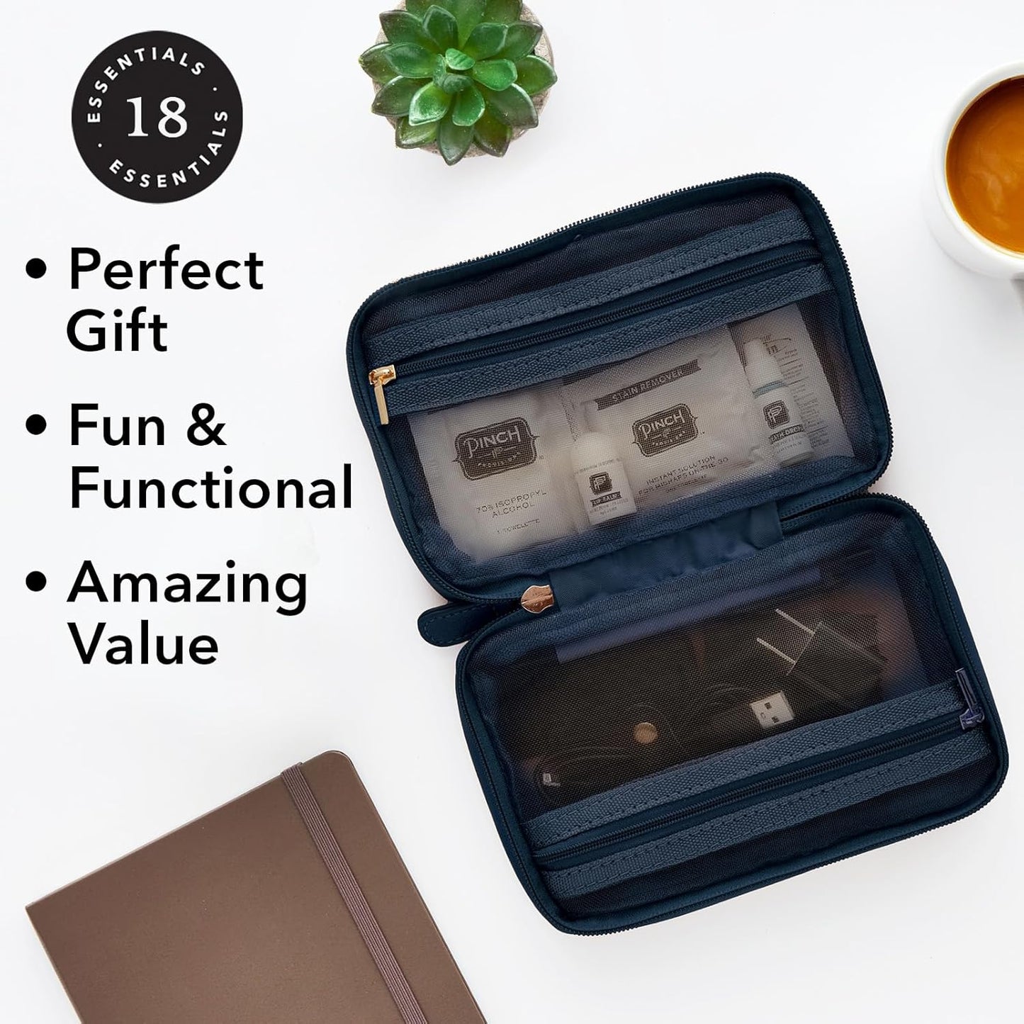 Pinch Provisions Work from Anywhere Kit, Includes 18 Essentials to Help You Stay on Task, Must-Have Essentials, Compact Multi-Functional Vegan Leather Pouch, Navy