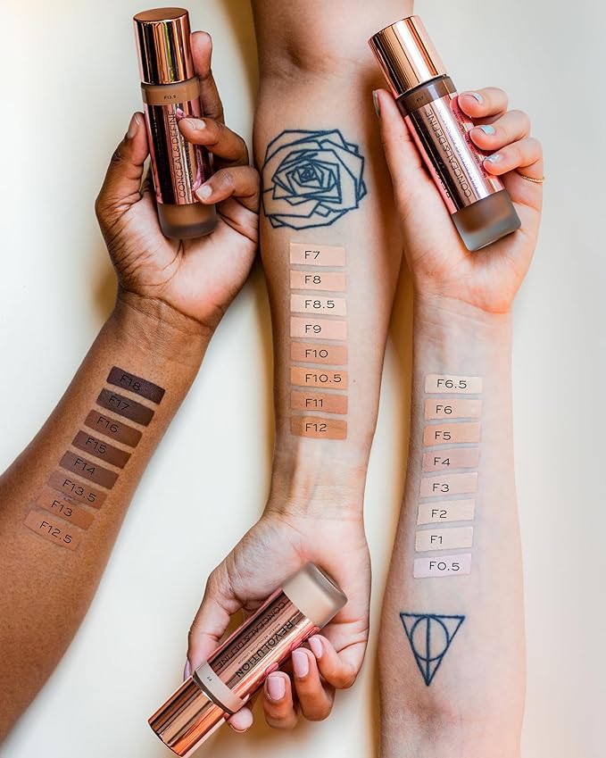 Revolution Beauty, Conceal & Define Foundation, Full Coverage, Long-Lasting Matte Finish, Vegan & Cruelty Free, F7 Medium Skin Tones, 0.8 Fl.Oz.