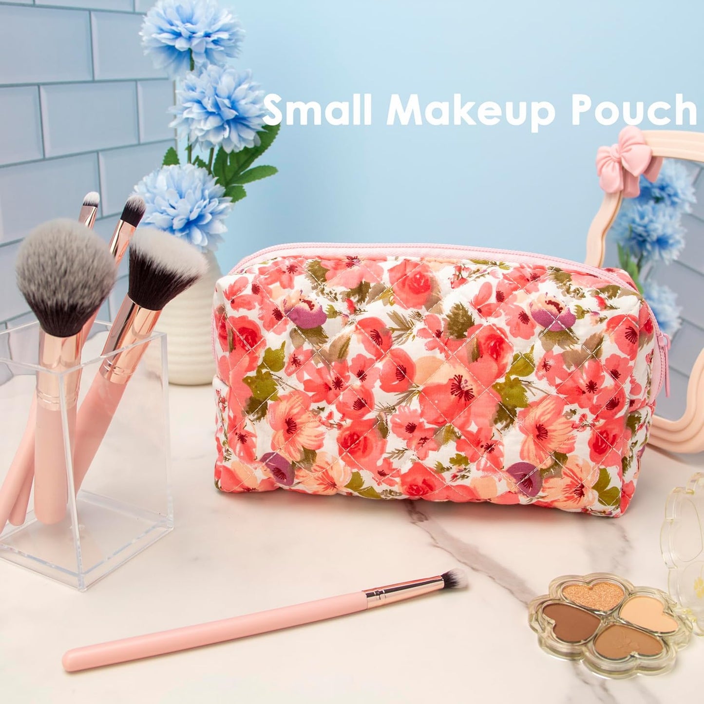 PAZIMIIK Vintage Quilted Makeup Bag Cosmetic Pouch for Brushes Pencils and Travel Make Up Accessories for Women and Girls,Flower Pink