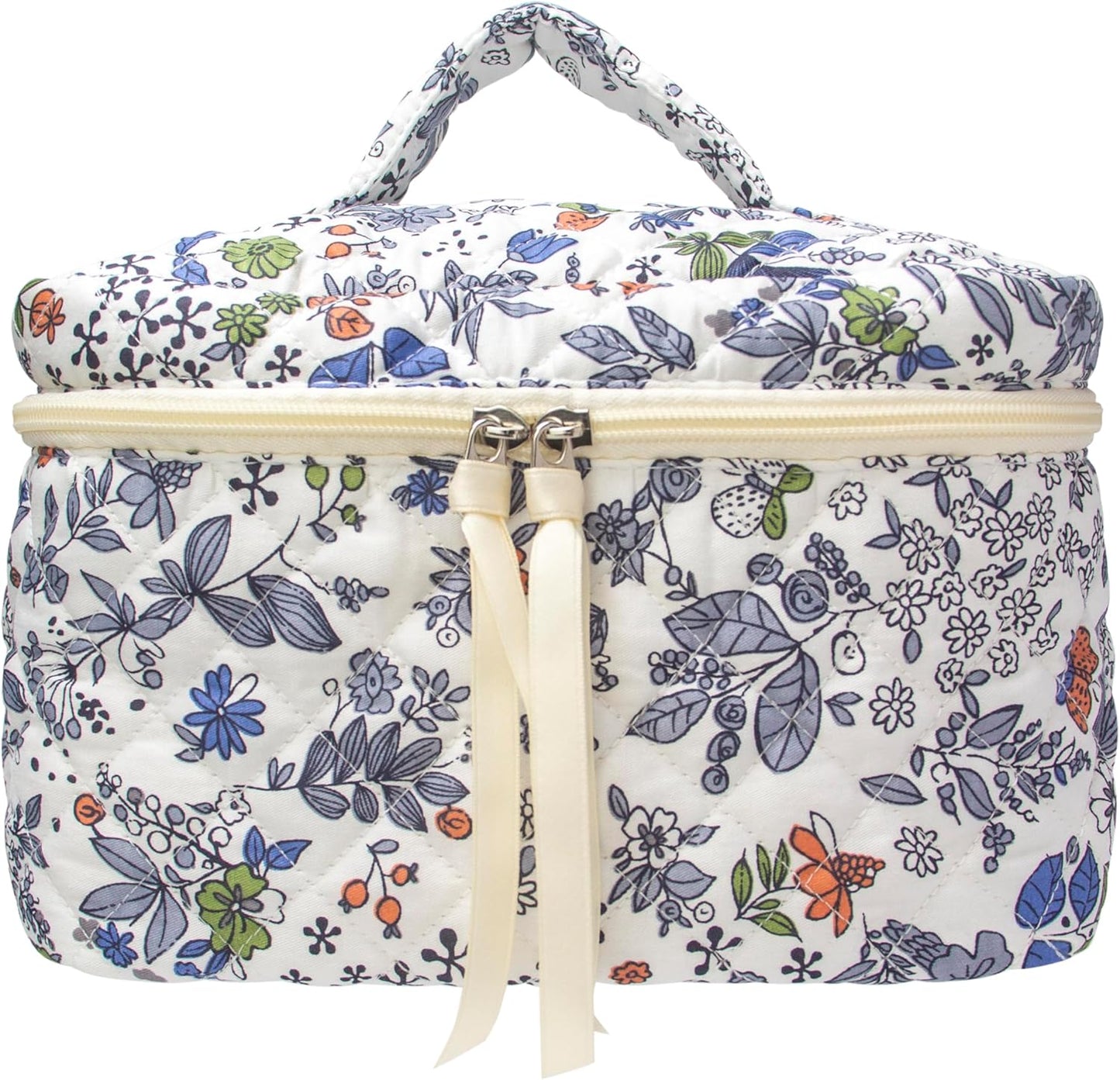 PAZIMIIK Quilted Makeup Bag Large Travel Zipper Soft Cosmetic Case for Women Girls Make Up,Leaf White