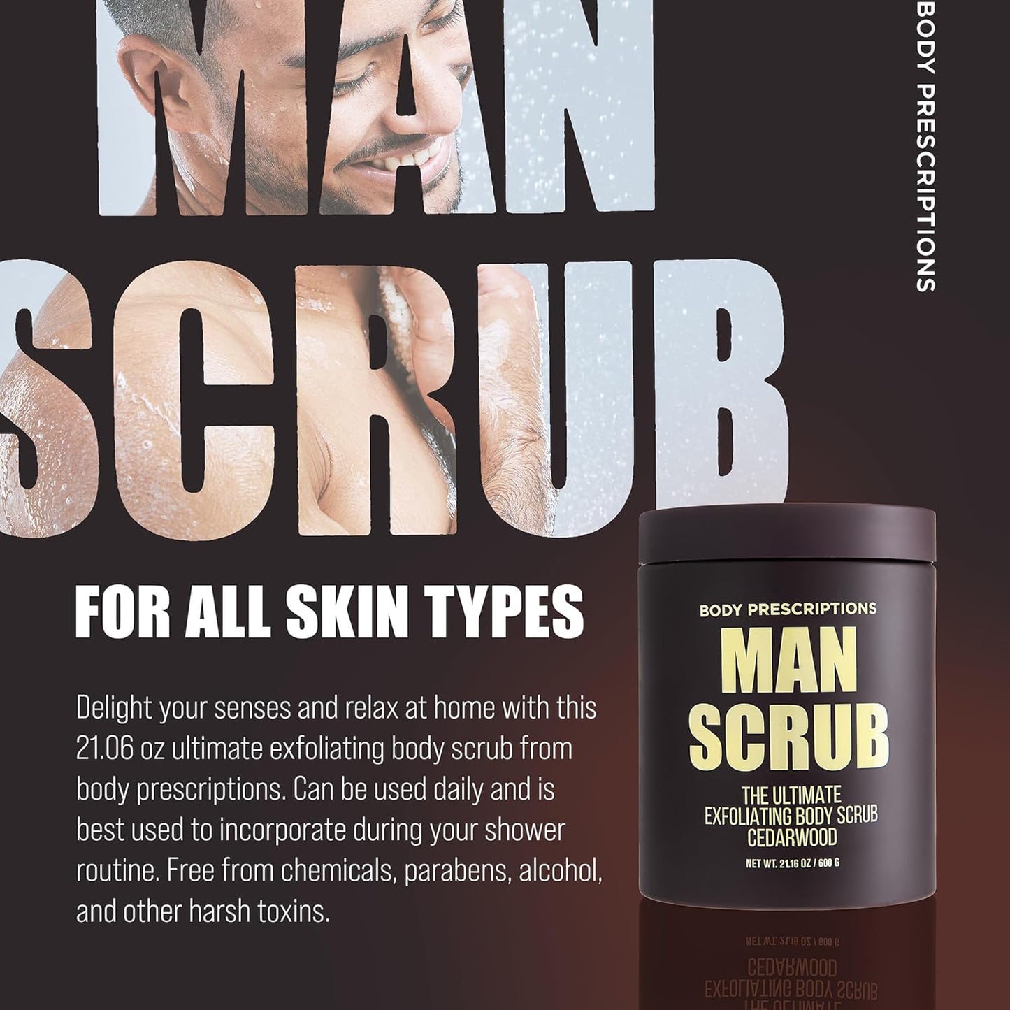 Body Prescriptions Men’s Exfoliating Body Scrub – Ultimate Skin Cleansing Wash in Jar with Twist-Top Lid, For All Skin Types, 21 Ounce (Pack of 4), Cedarwood