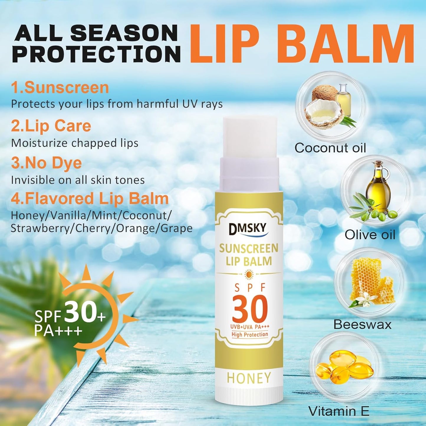 Dmsky 32 Pack Lip Balm Bulk,SPF 30 Lip Balm with Sunscreen,Hydrating Lip Balm Pack with Vitamin E and Coconut Oil- 8 Flavors, B-32 Count