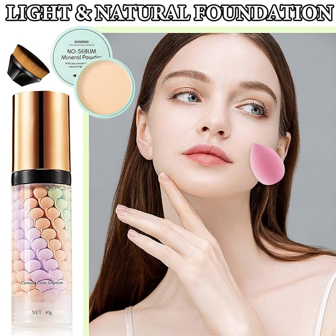 One Step Color Corrector,Natural Isolation Cream,Face Primer Makeup Tricolor Moisturizer,Correcting Primer Concealer Foundation,Setting Powder,Makeup Brushes,Makeup Sponges๏ผ4PCS)