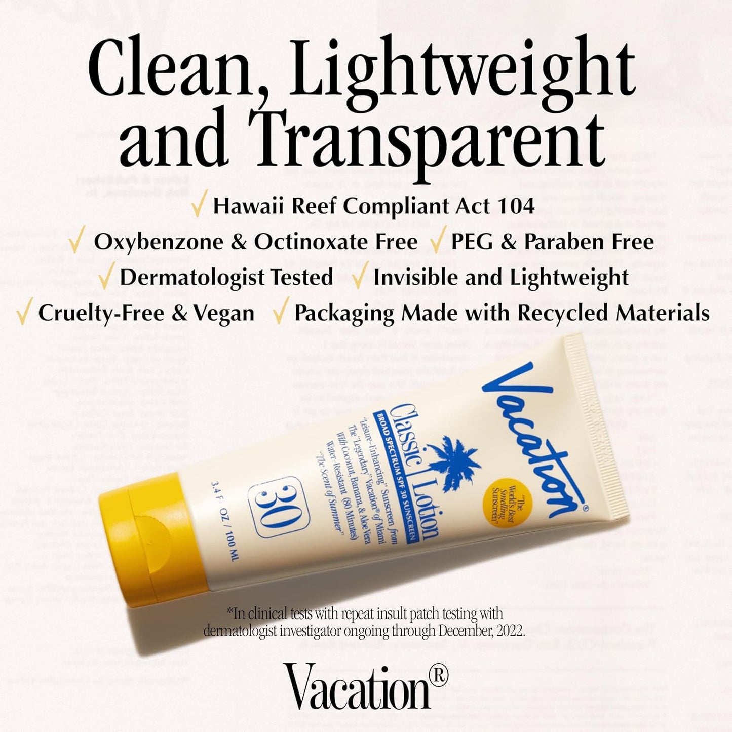 Vacation Classic Sunscreen Lotion SPF 30, Water-Resistant, Lightweight, Transparent on All Skin Tones, Dermatologist-Tested, Vegan, Travel Size, 3.4 Fl. Oz. (Value Pack of 3)