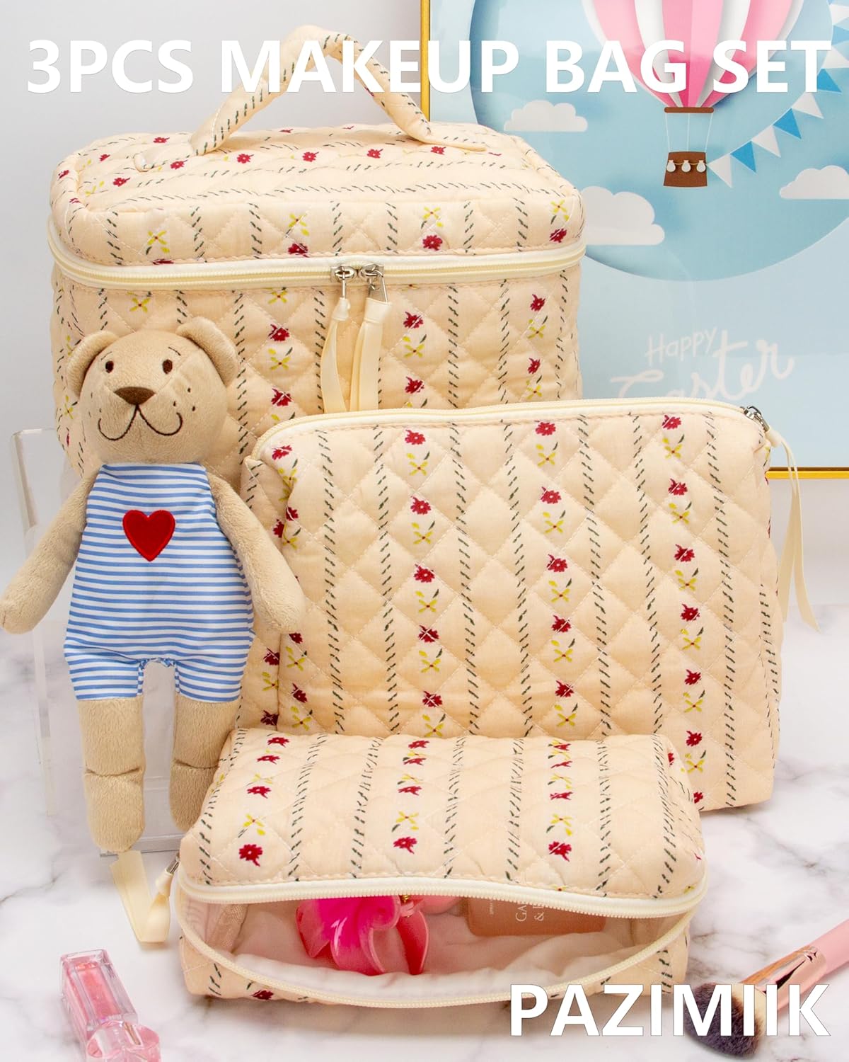 PAZIMIIK 3PCS Makeup Bag SET Large Travel Quilted Zipper Soft Cosmetic Case Pouch for Women Girls Make Up,Little Flower Beige